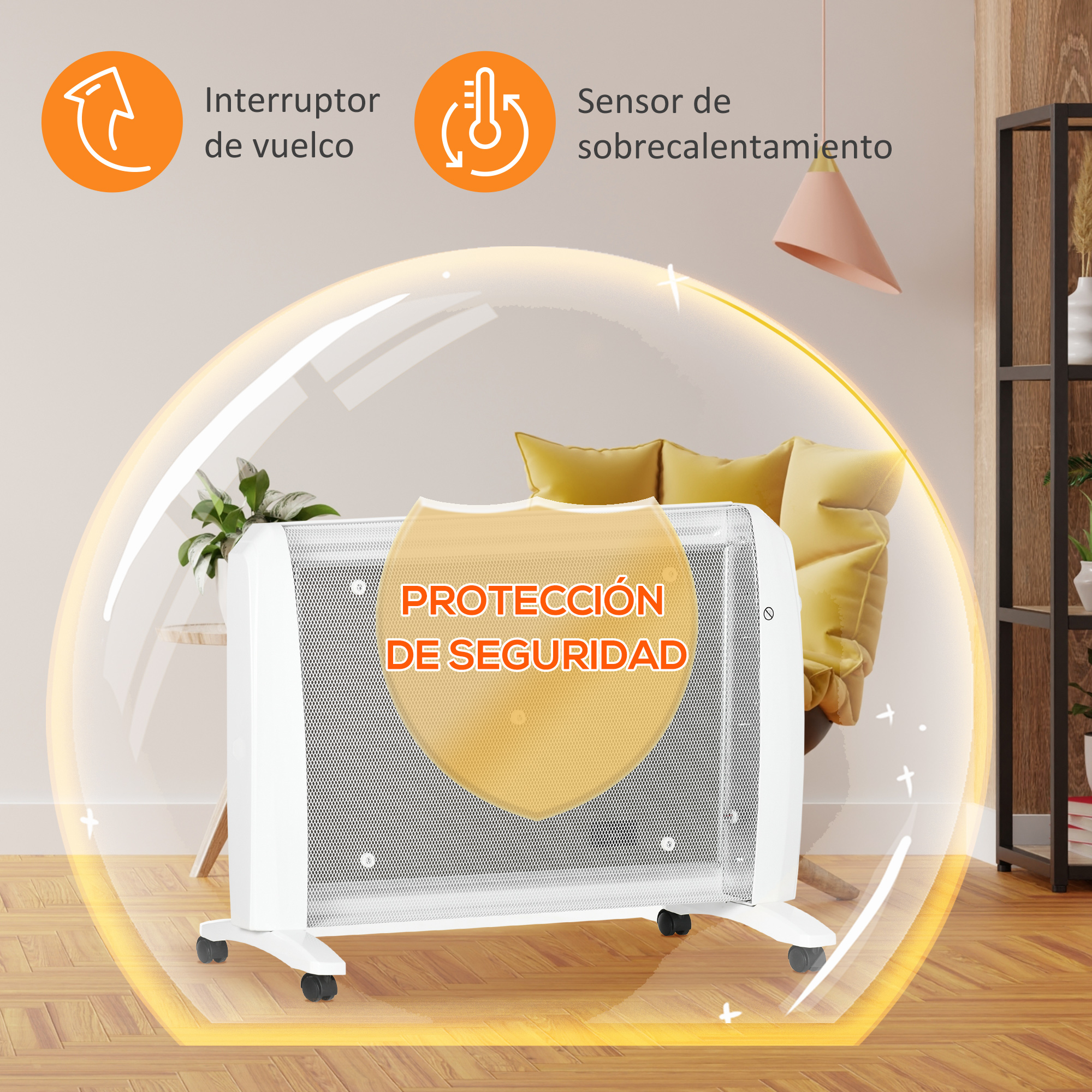 Un calefactor eléctrico blanco con iconos de seguridad, gráfico de escudo y texto en una habitación.