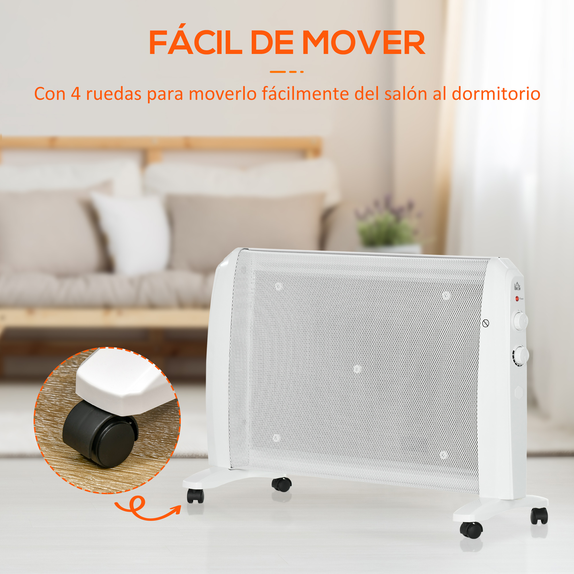 Un calefactor convector portátil blanco con ruedas en un dormitorio luminoso.