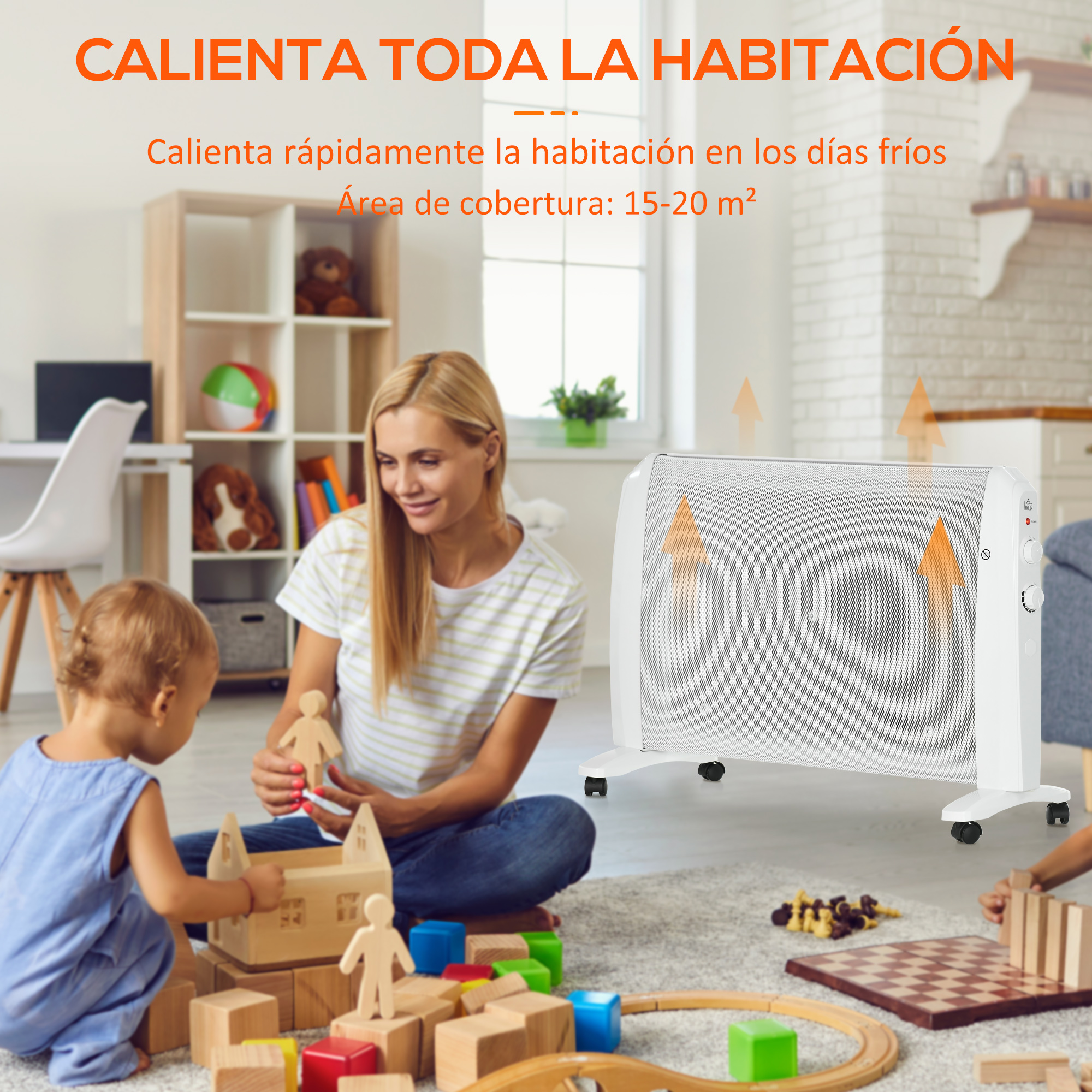 Una mujer y un niño juegan con juguetes de madera junto a un calefactor blanco.