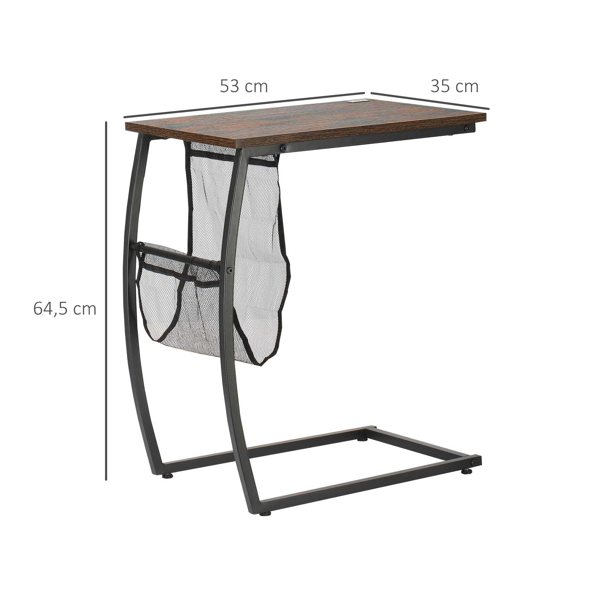 Mesa auxiliar en C de madera y metal con bolsillo de tela y medidas.