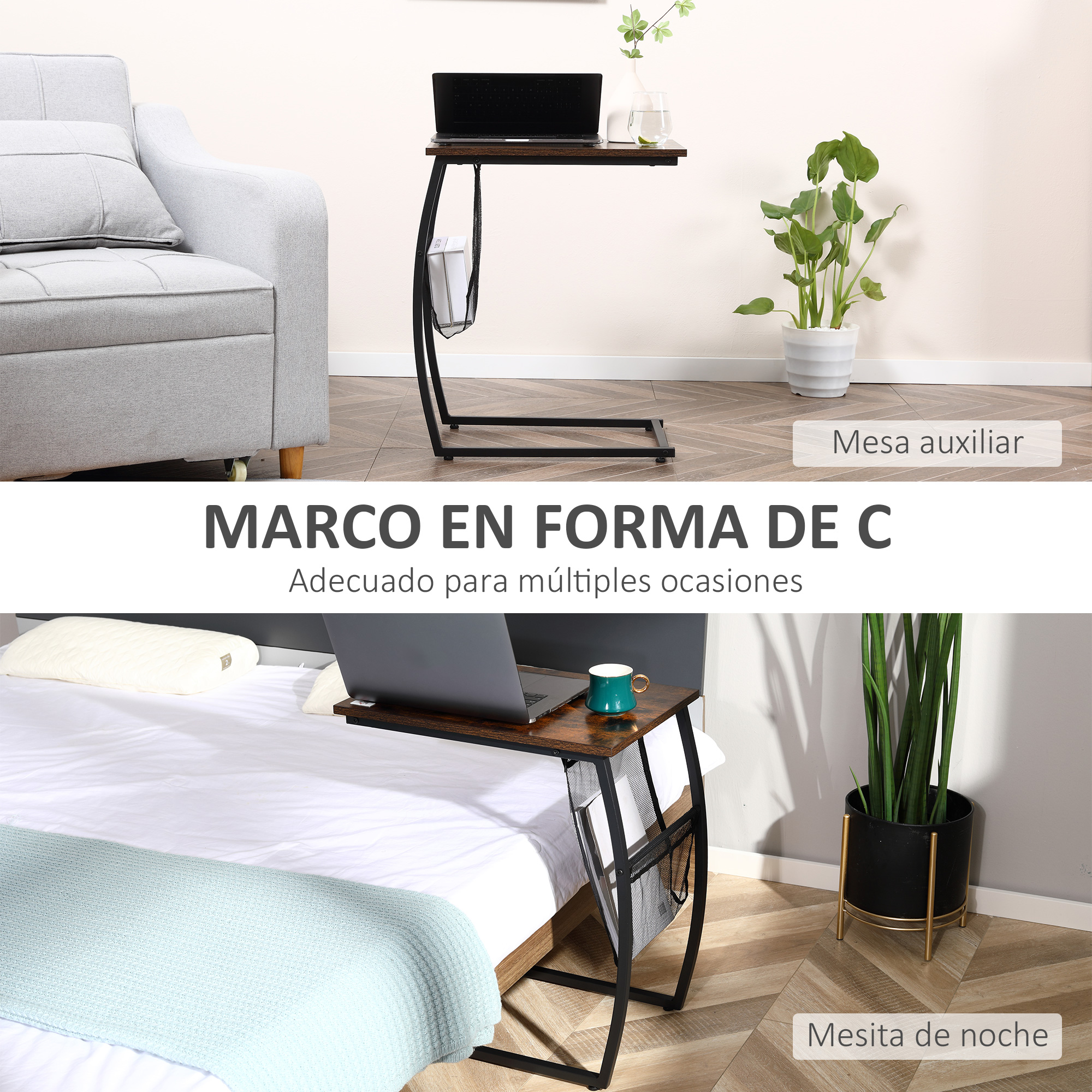 Una mesa auxiliar en forma de C con un portátil, junto a un sofá gris y una cama con planta.