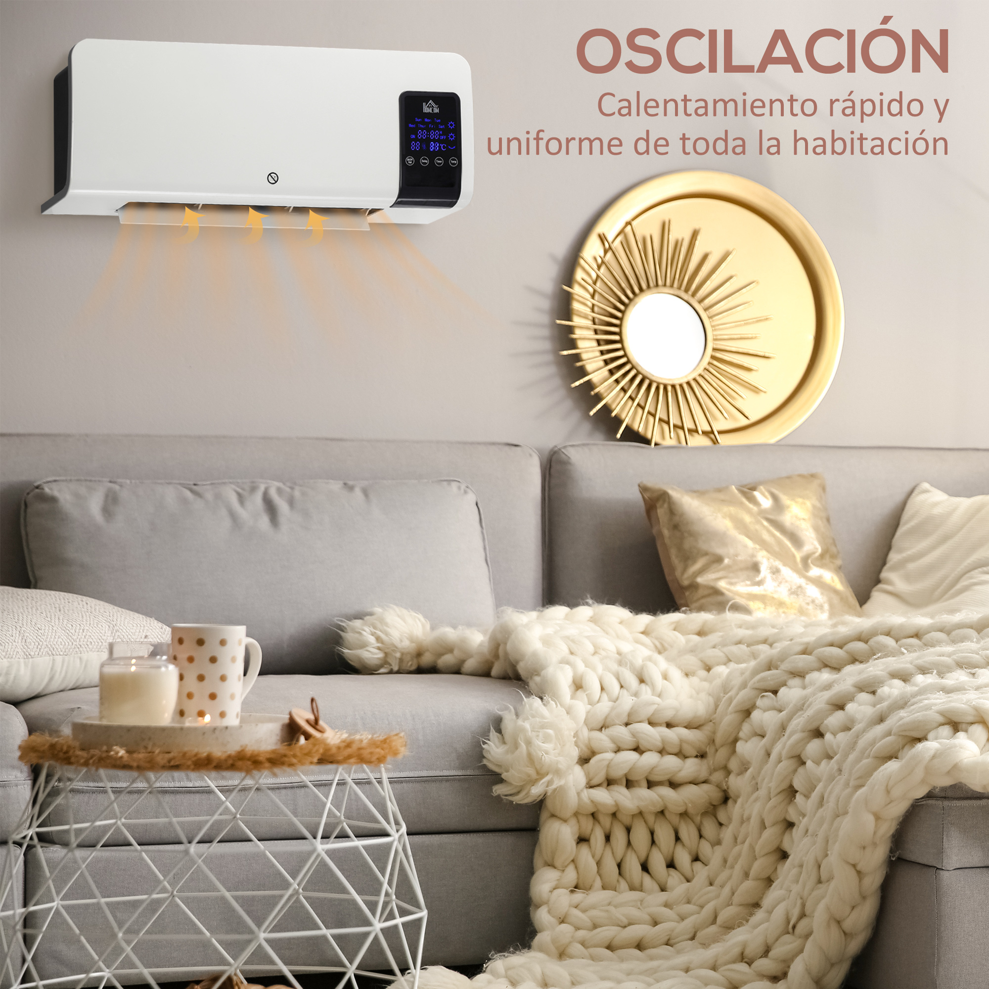 Calefactor de pared sobre un sofá gris con manta blanca y cojines.
