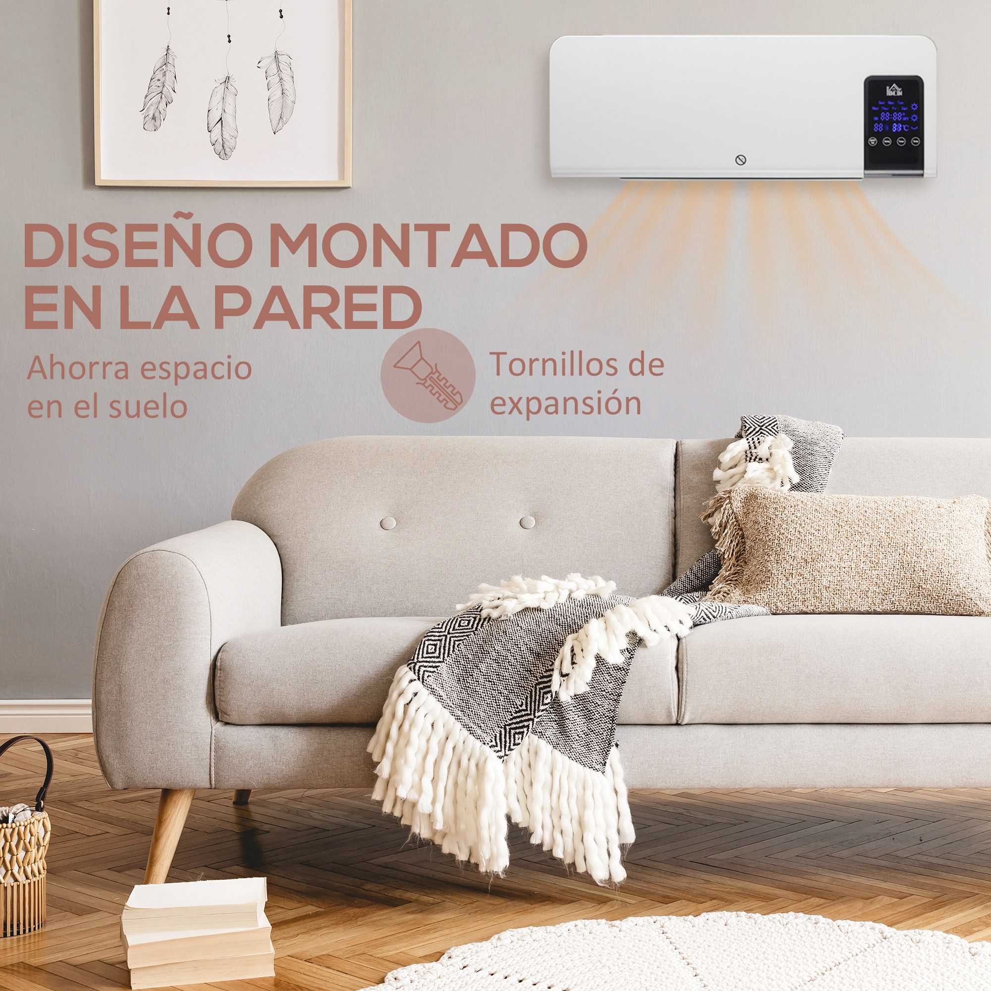 Calefactor de pared sobre un sofá gris con cojines y manta, en una sala.