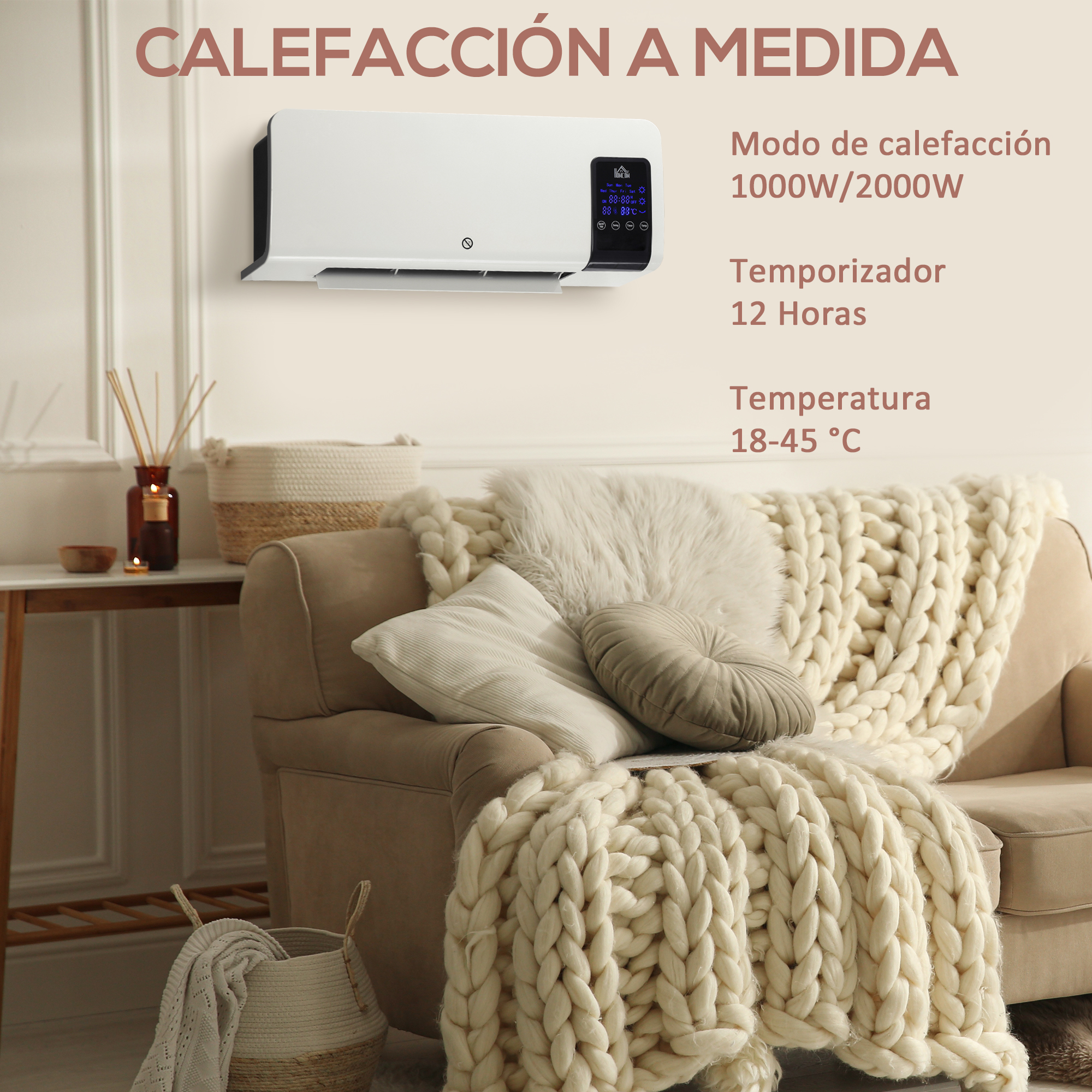 Calefactor de pared sobre un sofá acogedor cubierto con manta de punto grueso y cojines, con texto en español.