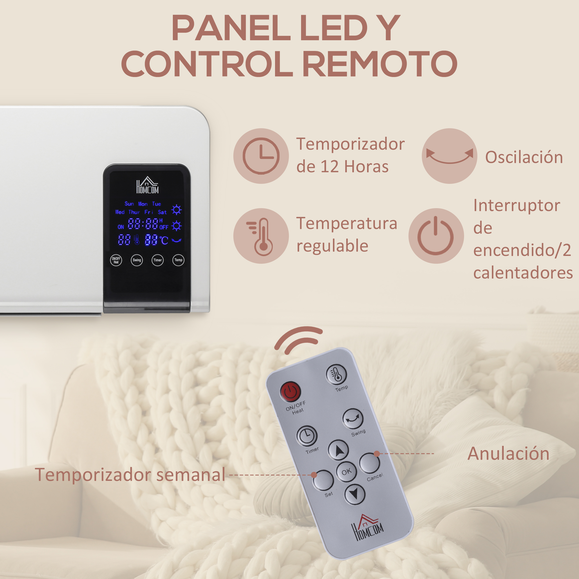 Panel LED y control remoto con iconos para temporizador, temperatura, oscilación y encendido.