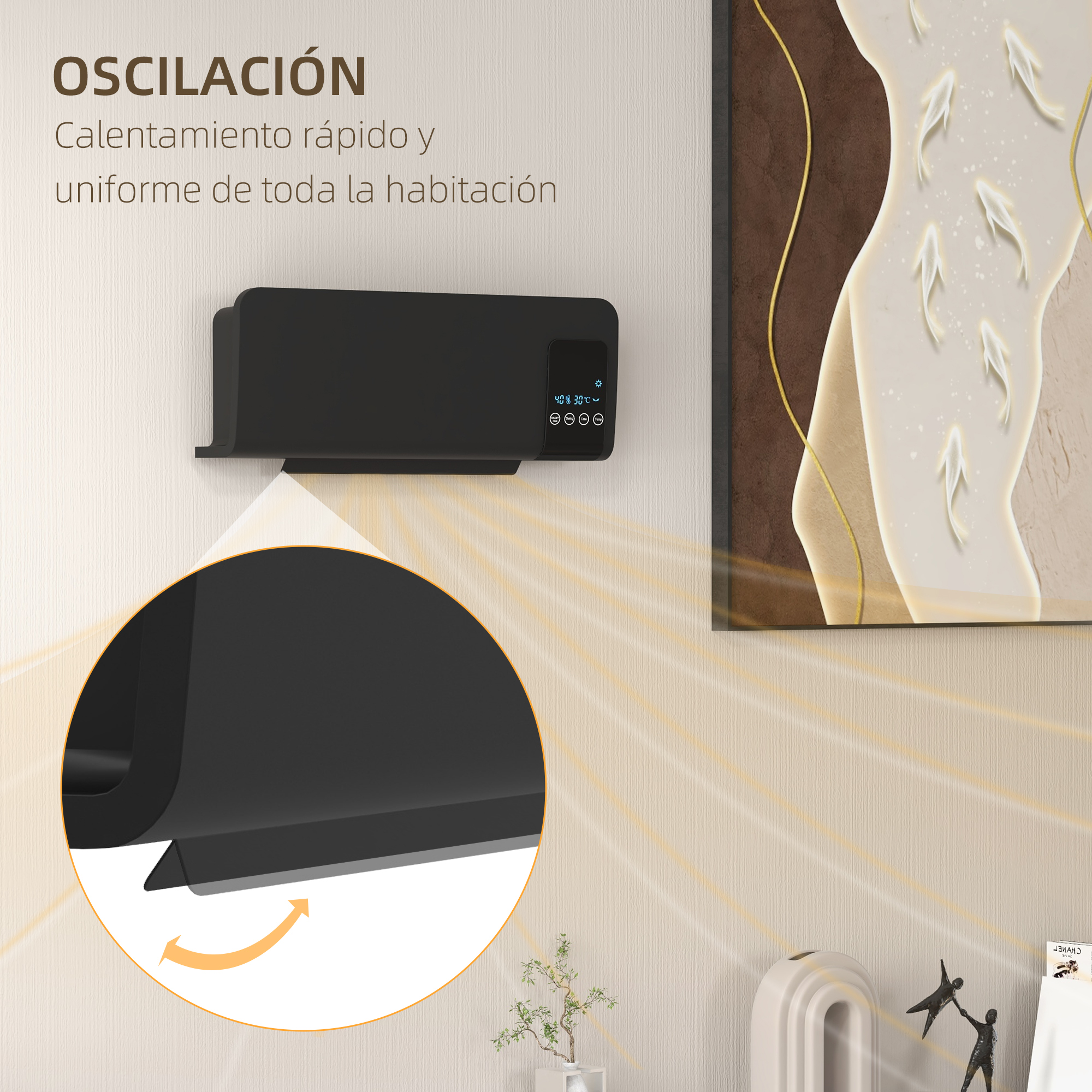 Un calefactor de pared negro oscilante en una pared texturizada, mostrando rayos de aire cálido y solapa en zoom.