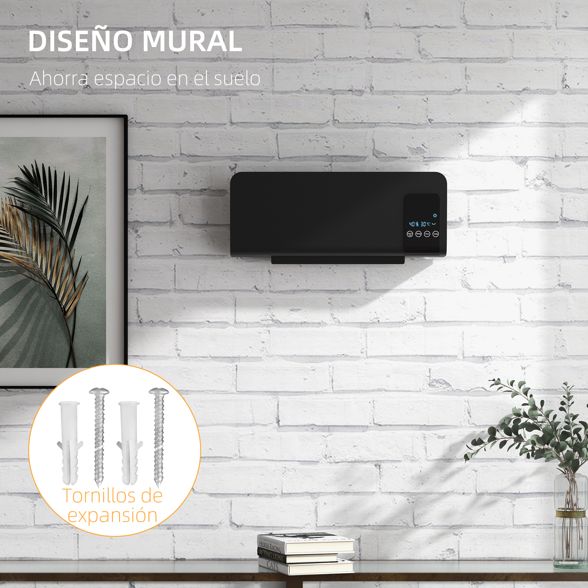 Calefactor de pared negro en una pared de ladrillo con tornillos en un círculo y texto.