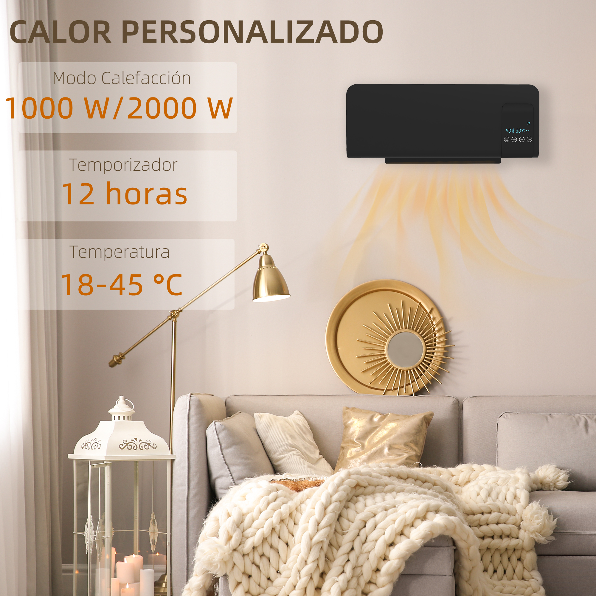 Sala con calefactor negro en la pared, sofá gris claro, decoración dorada y textos superpuestos en español.