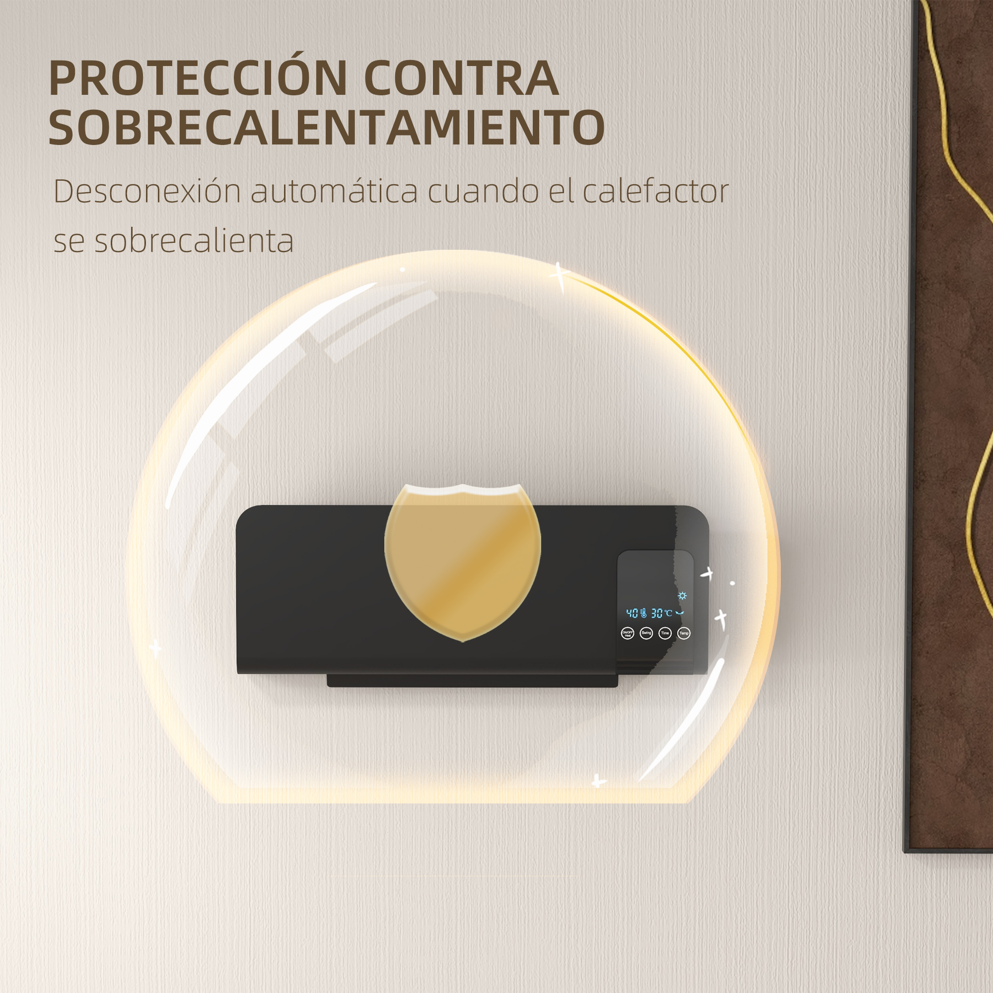 Calefactor con protección contra sobrecalentamiento y pantalla digital bajo una cúpula protectora.