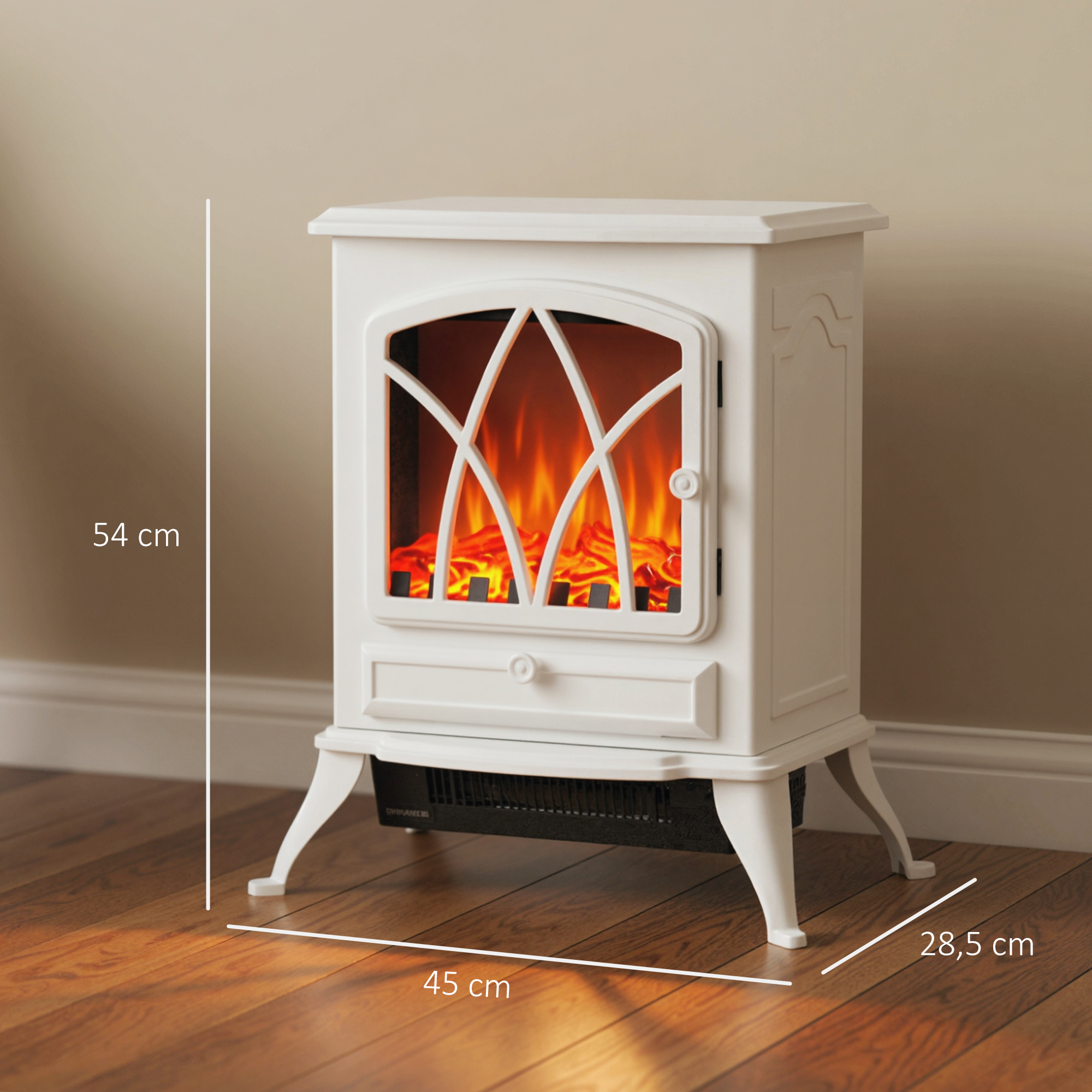 Una chimenea eléctrica blanca independiente con fuego falso, de 54 cm de alto, sobre suelo de madera.