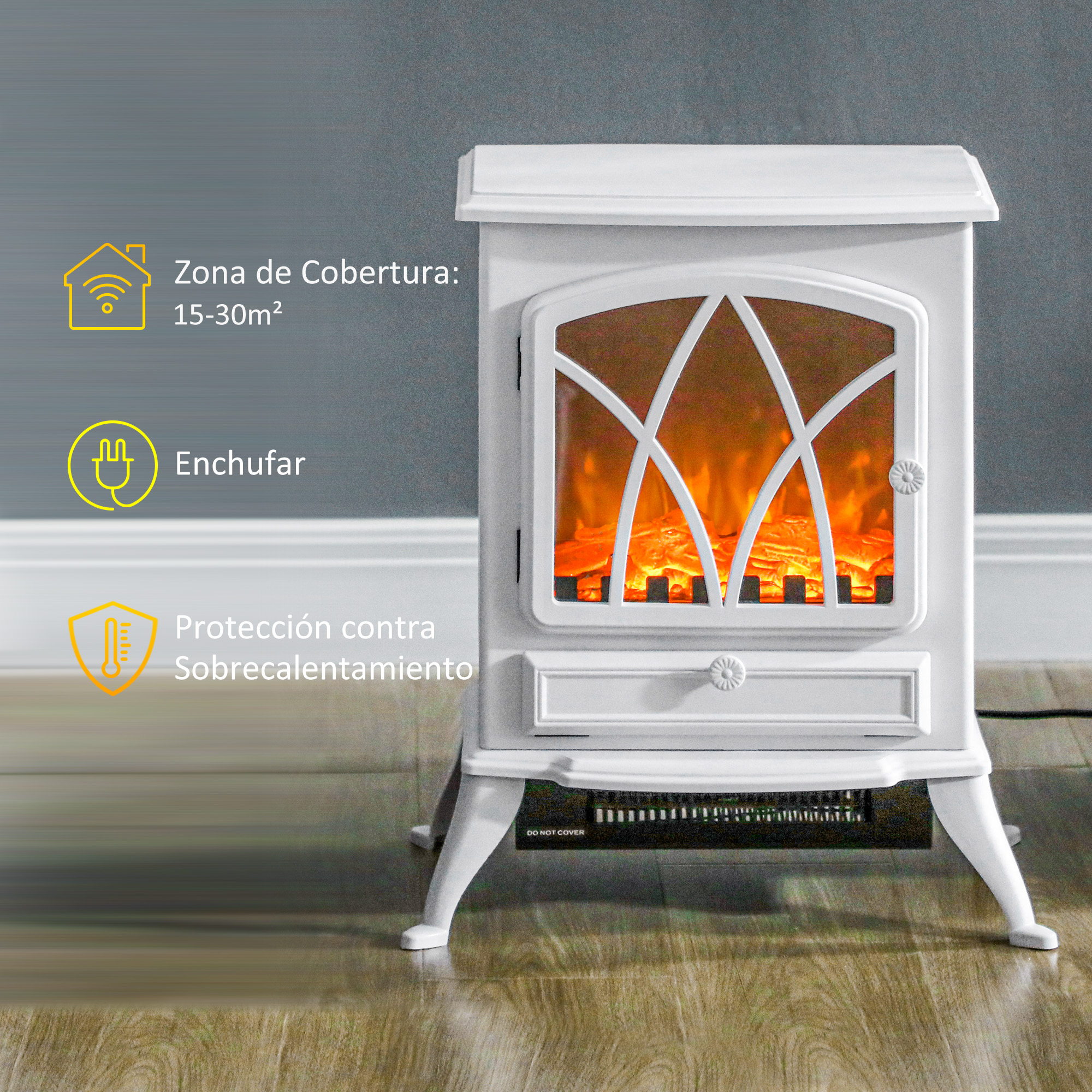 Una chimenea eléctrica blanca sobre suelo de madera con efecto llama y tres iconos amarillos a la izquierda.