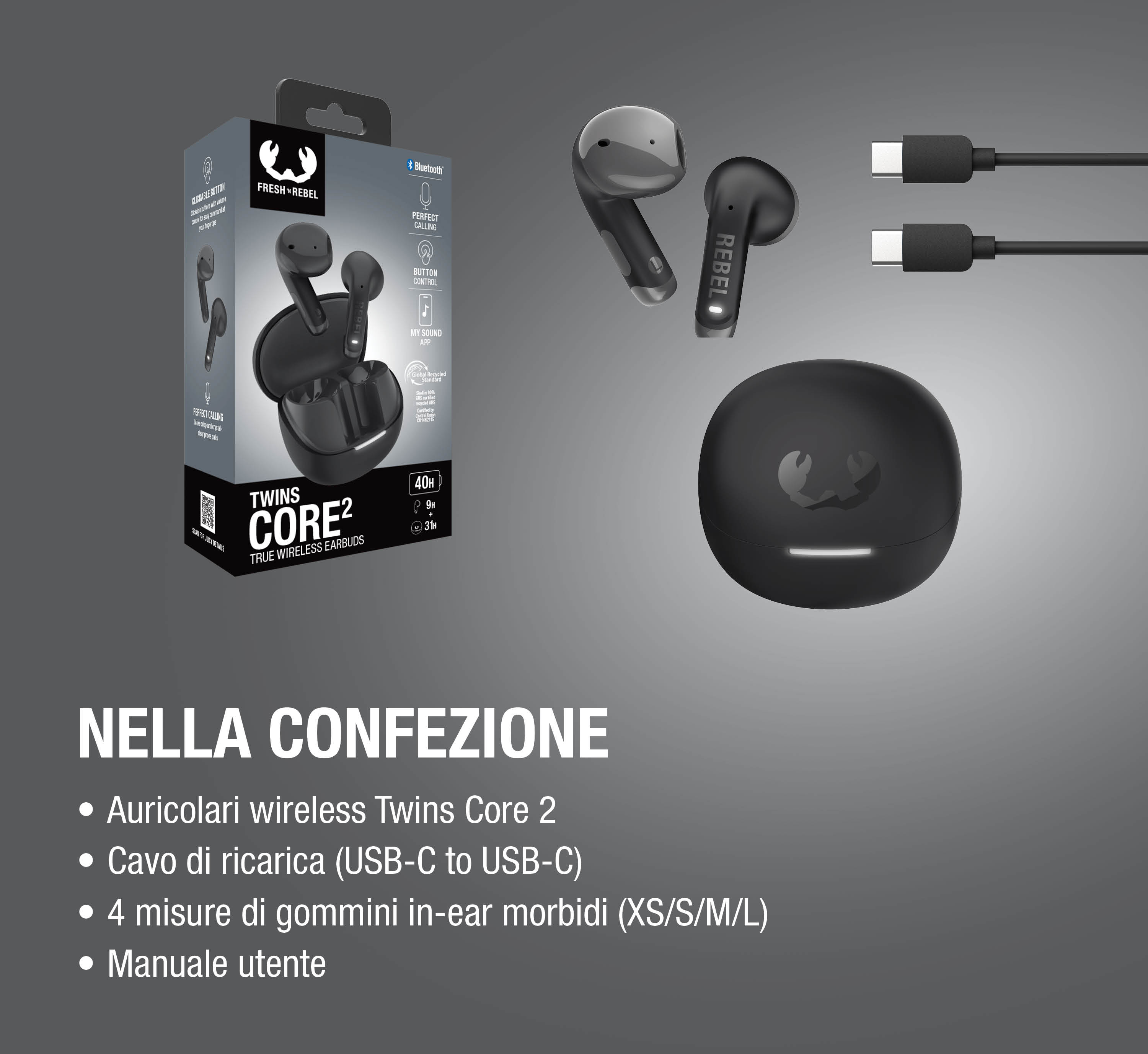Auricolari wireless Fresh 'n Rebel Twins Core 2 con custodia di ricarica, cavi USB-C e confezione.