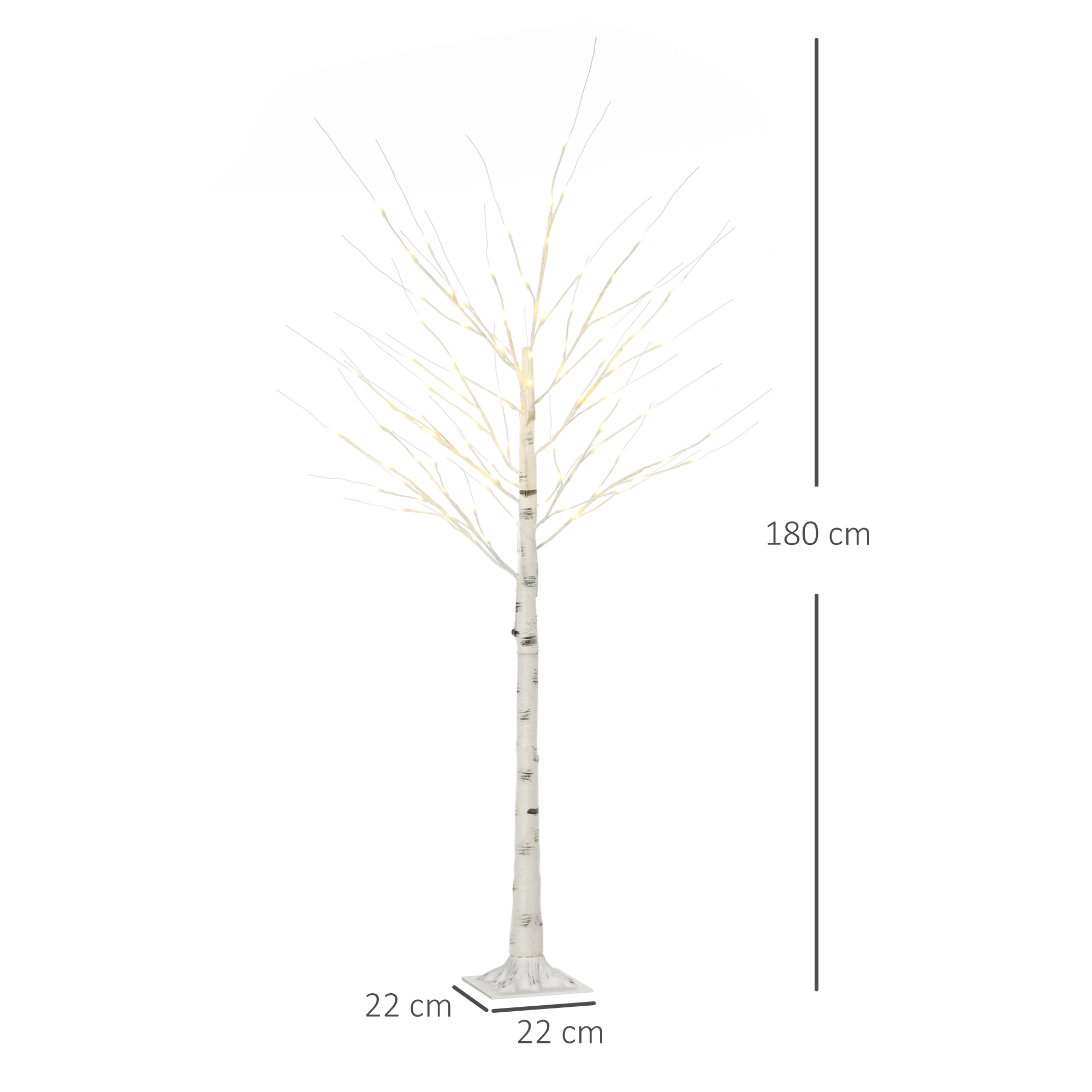 Árbol de abedul iluminado, de 180 cm de alto, con base de 22x22 cm.