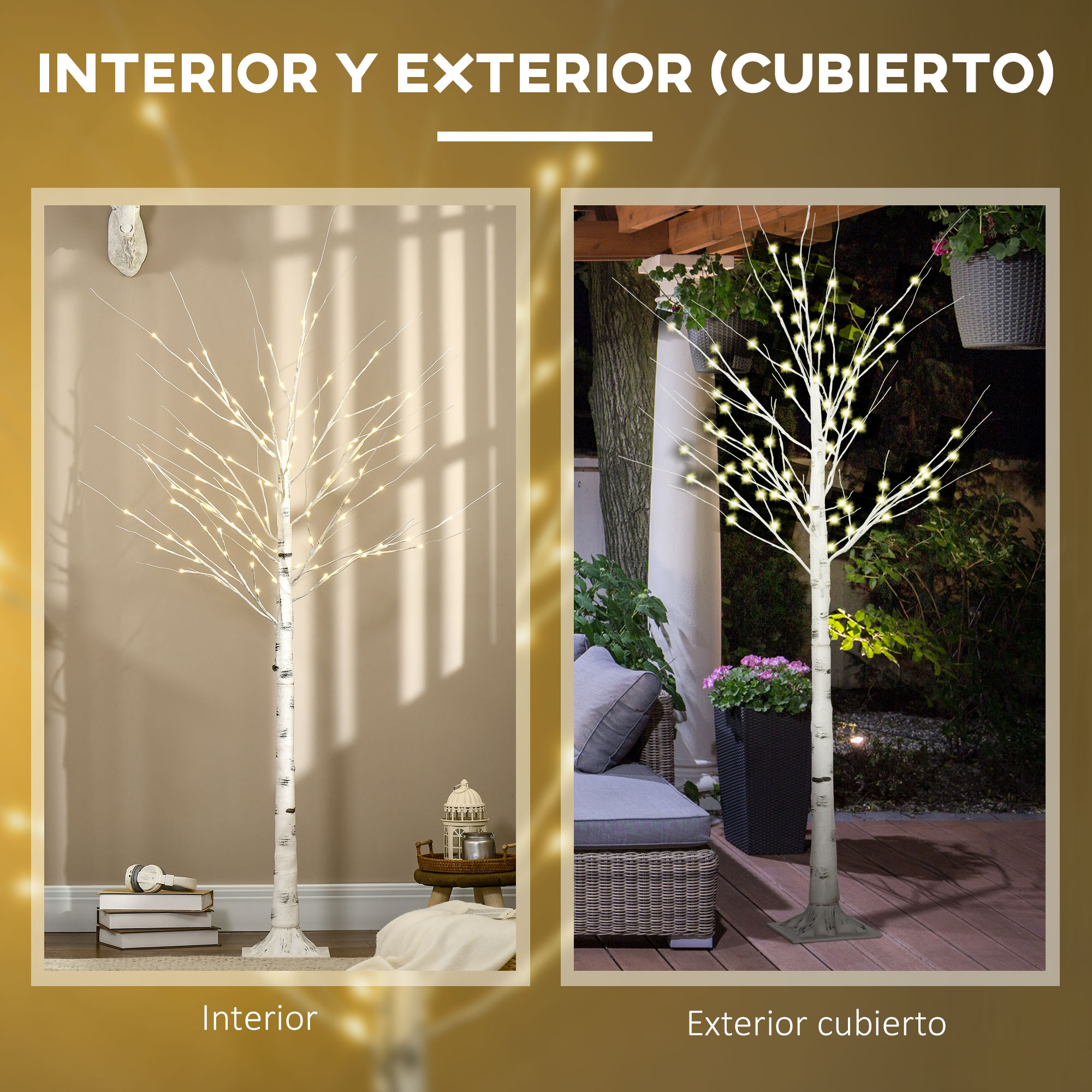 Árbol de abedul artificial iluminado para interior y exterior cubierto con LED blanco cálido.