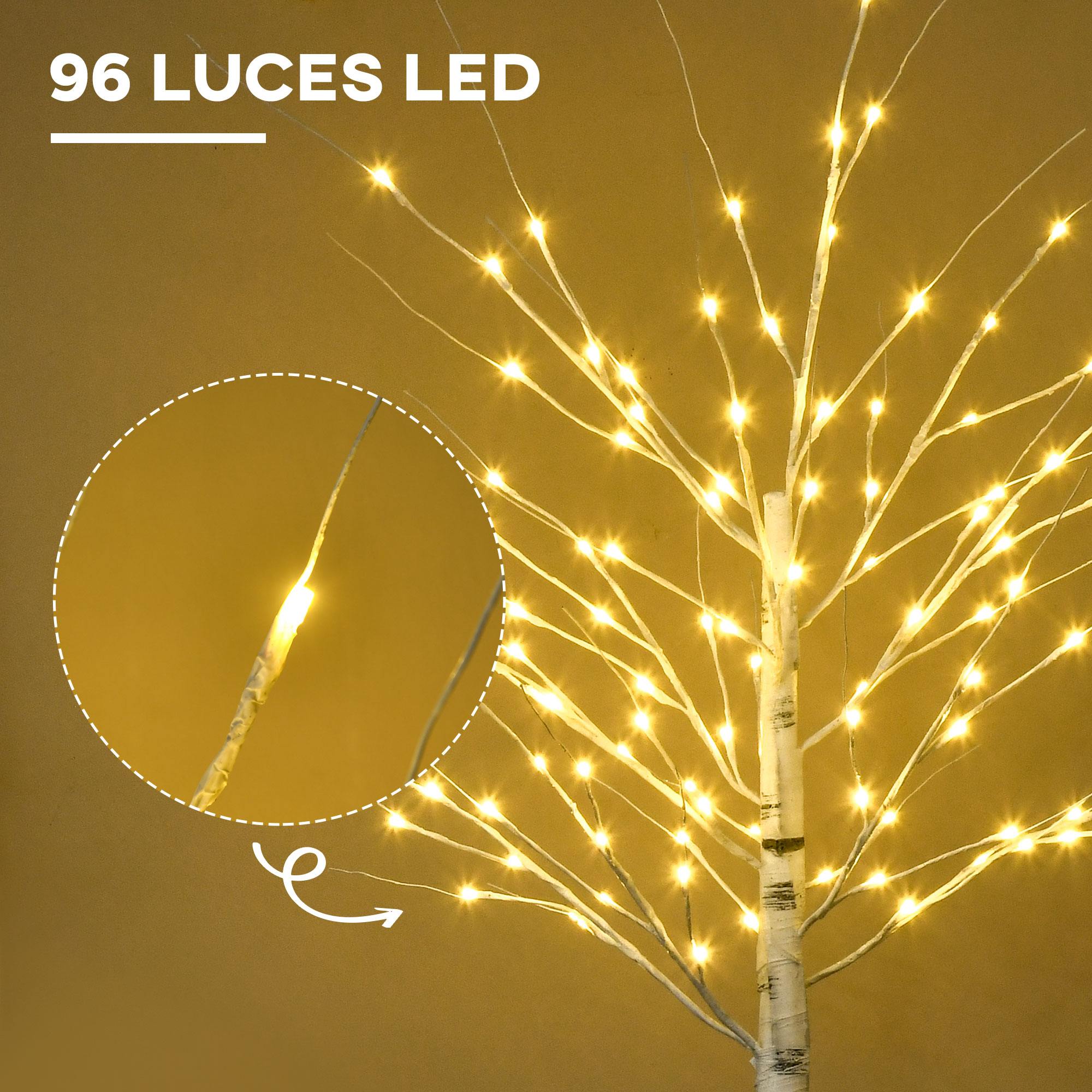 Un árbol artificial blanco con 96 luces LED brillantes en sus ramas y un círculo de detalle ampliado.