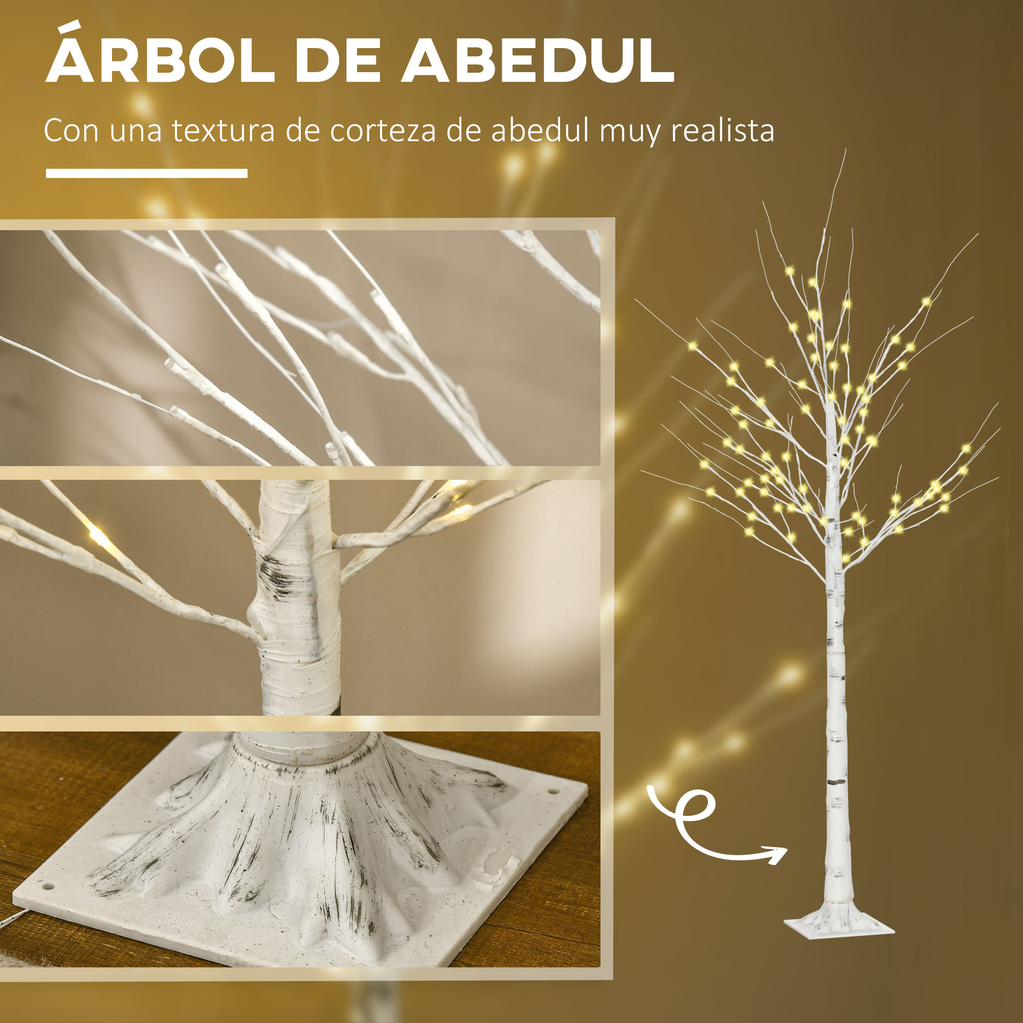 Árbol de abedul blanco iluminado con textura de corteza realista y primeros planos de ramas, tronco y base.