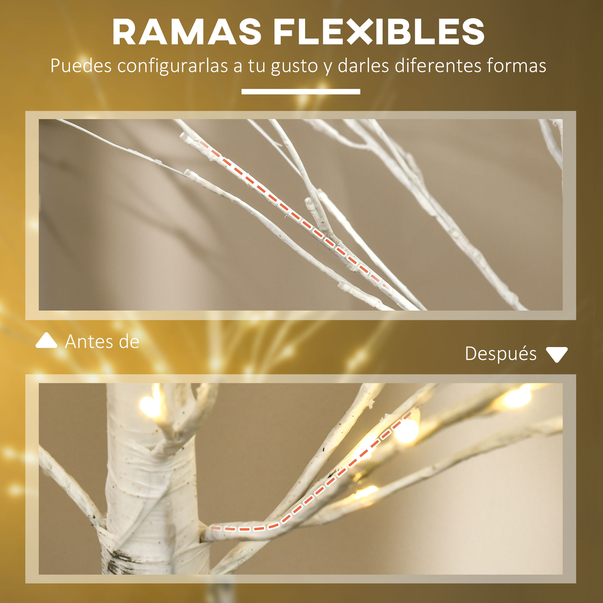 Comparación de ramas blancas flexibles antes y después de la iluminación.