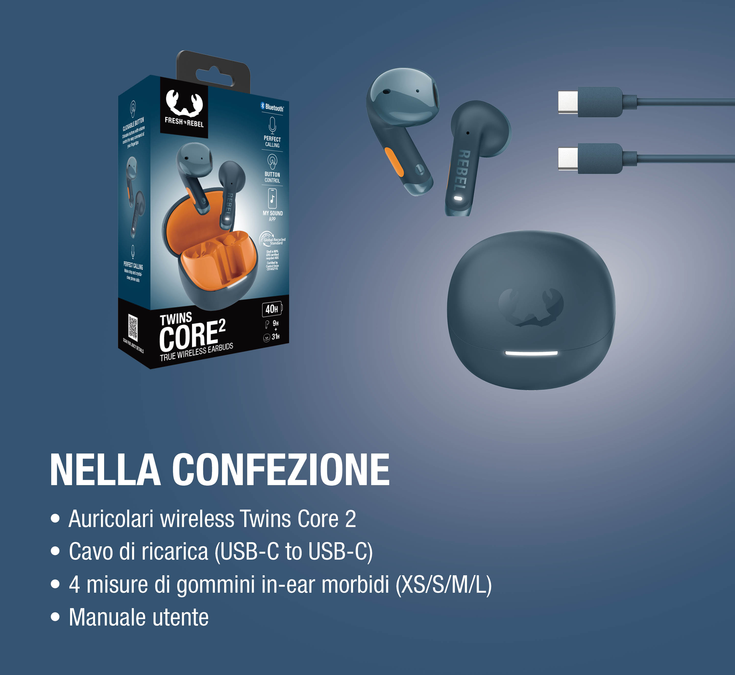 Auricolari, custodia di carica, cavi USB-C e scatola Fresh 'n Rebel Twins Core 2 su sfondo blu.