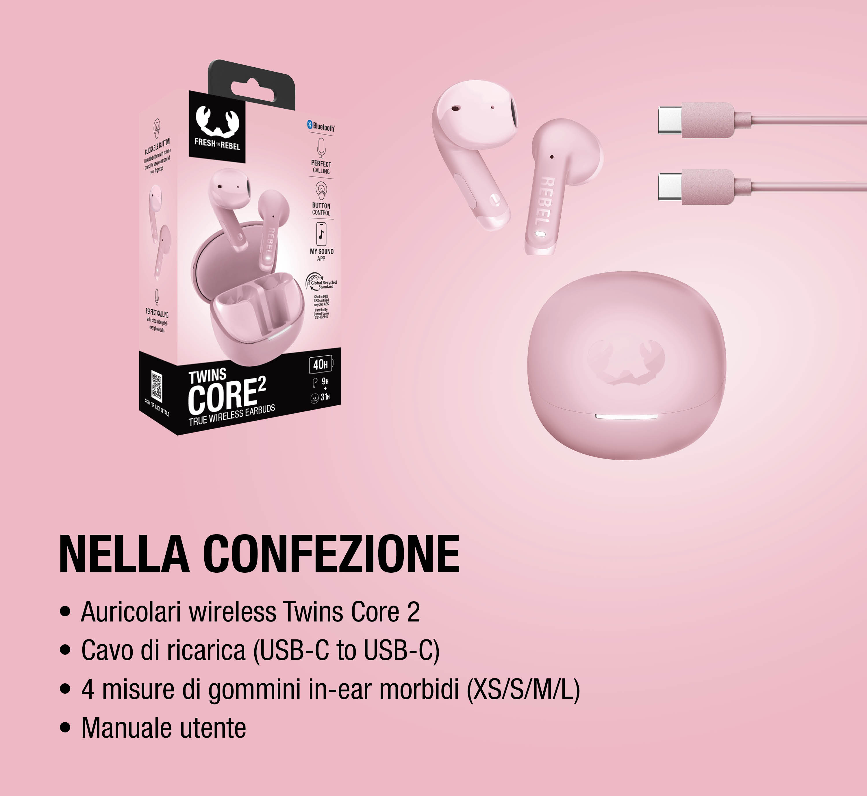 Auricolari wireless rosa, custodia di ricarica, cavo e scatola del prodotto.
