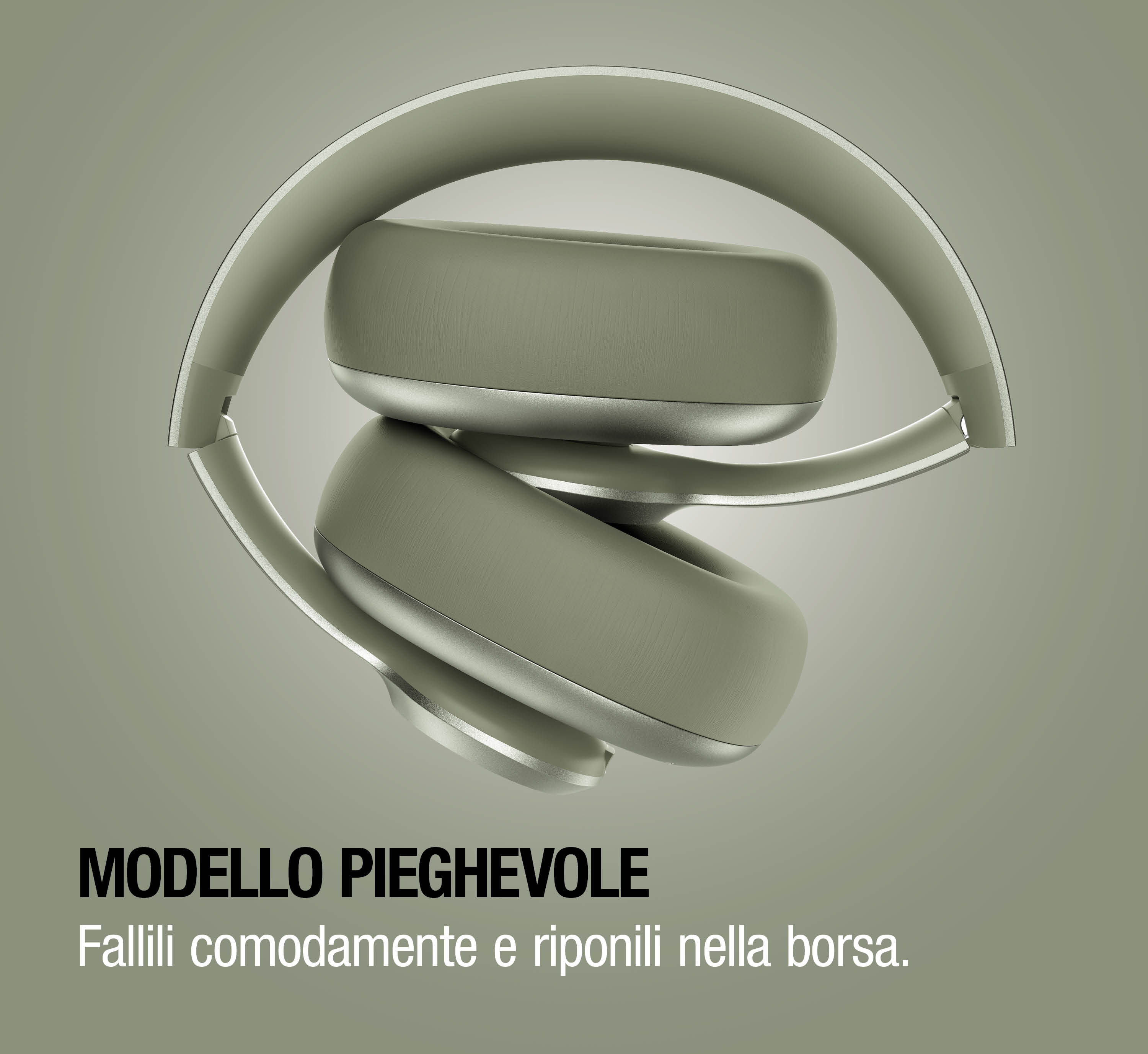 Cuffie on-ear verde oliva pieghevoli fluttuanti su sfondo verde con testo.
