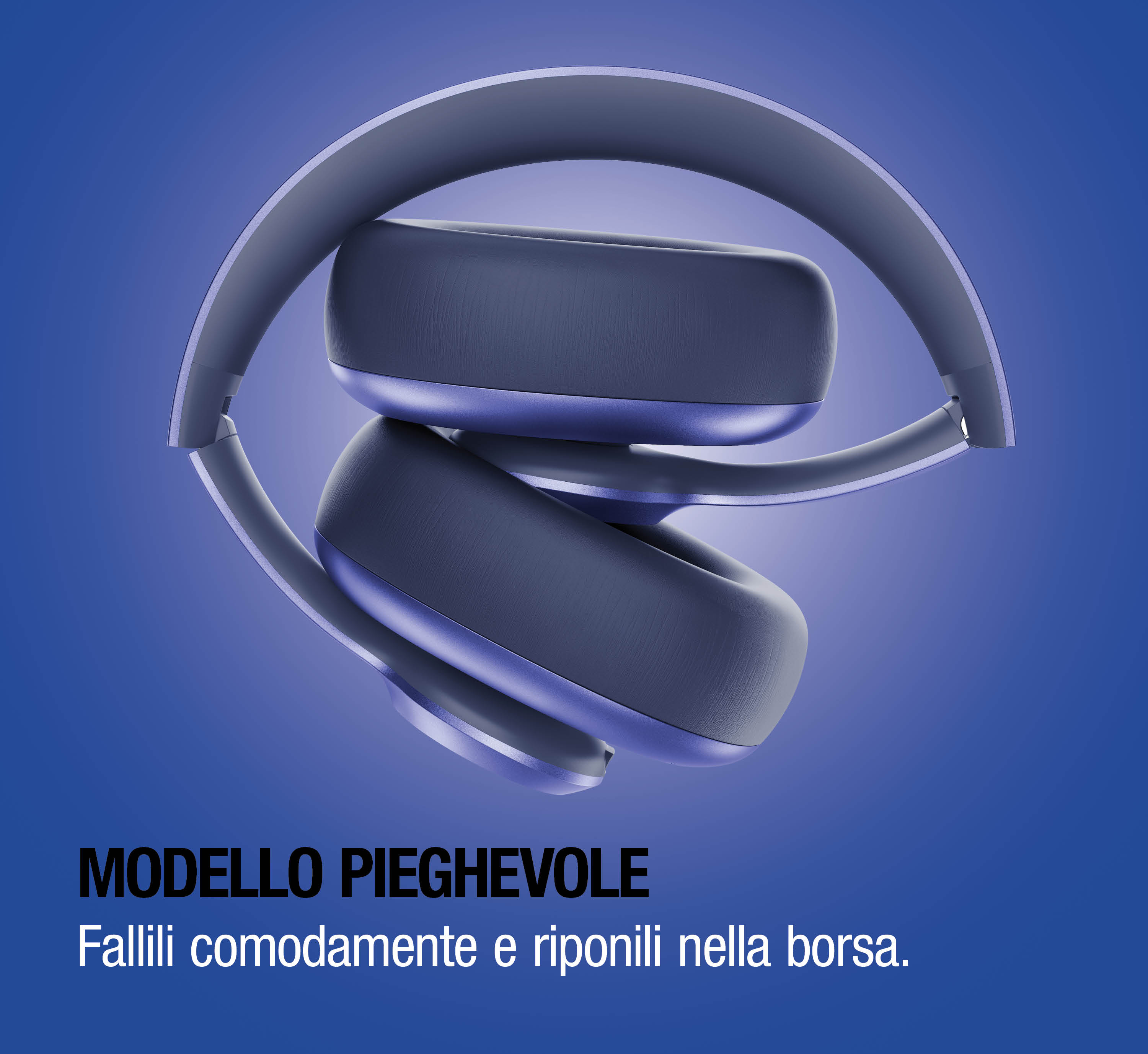 Cuffie pieghevoli blu su sfondo blu con testo in italiano.