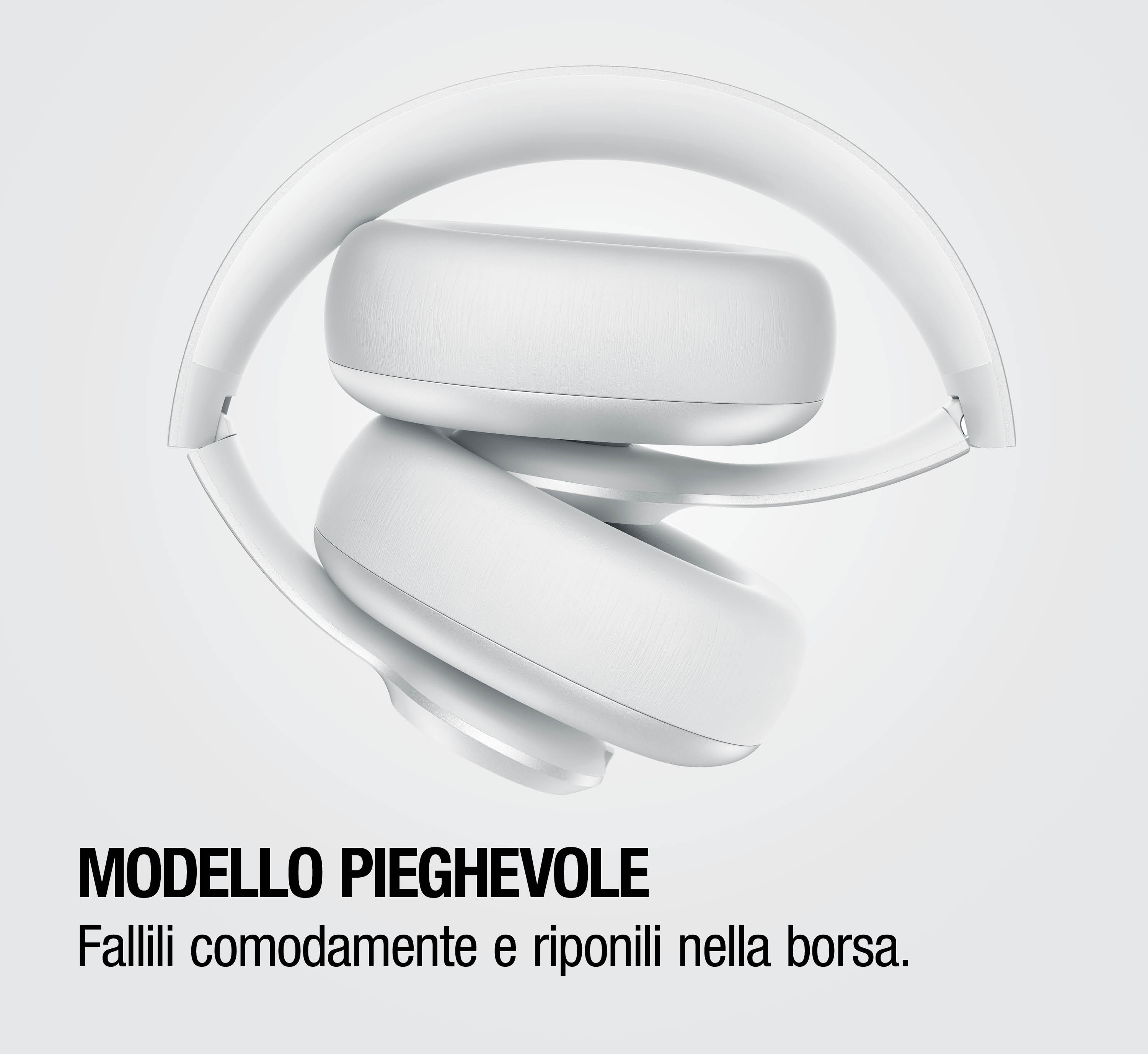 Cuffie pieghevoli bianche su sfondo chiaro con testo in italiano sotto.