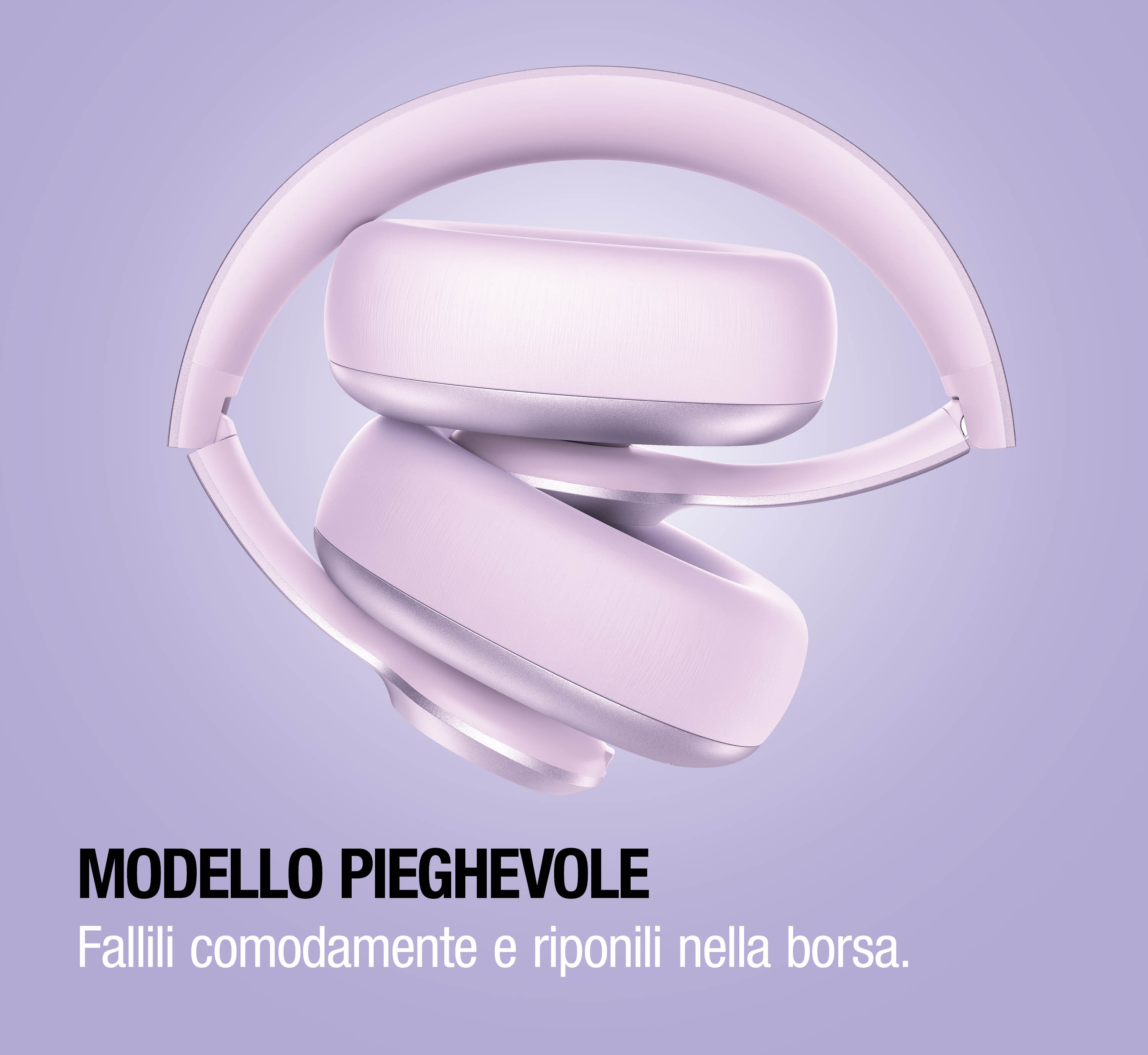 Cuffie pieghevoli viola chiaro su sfondo viola con testo.