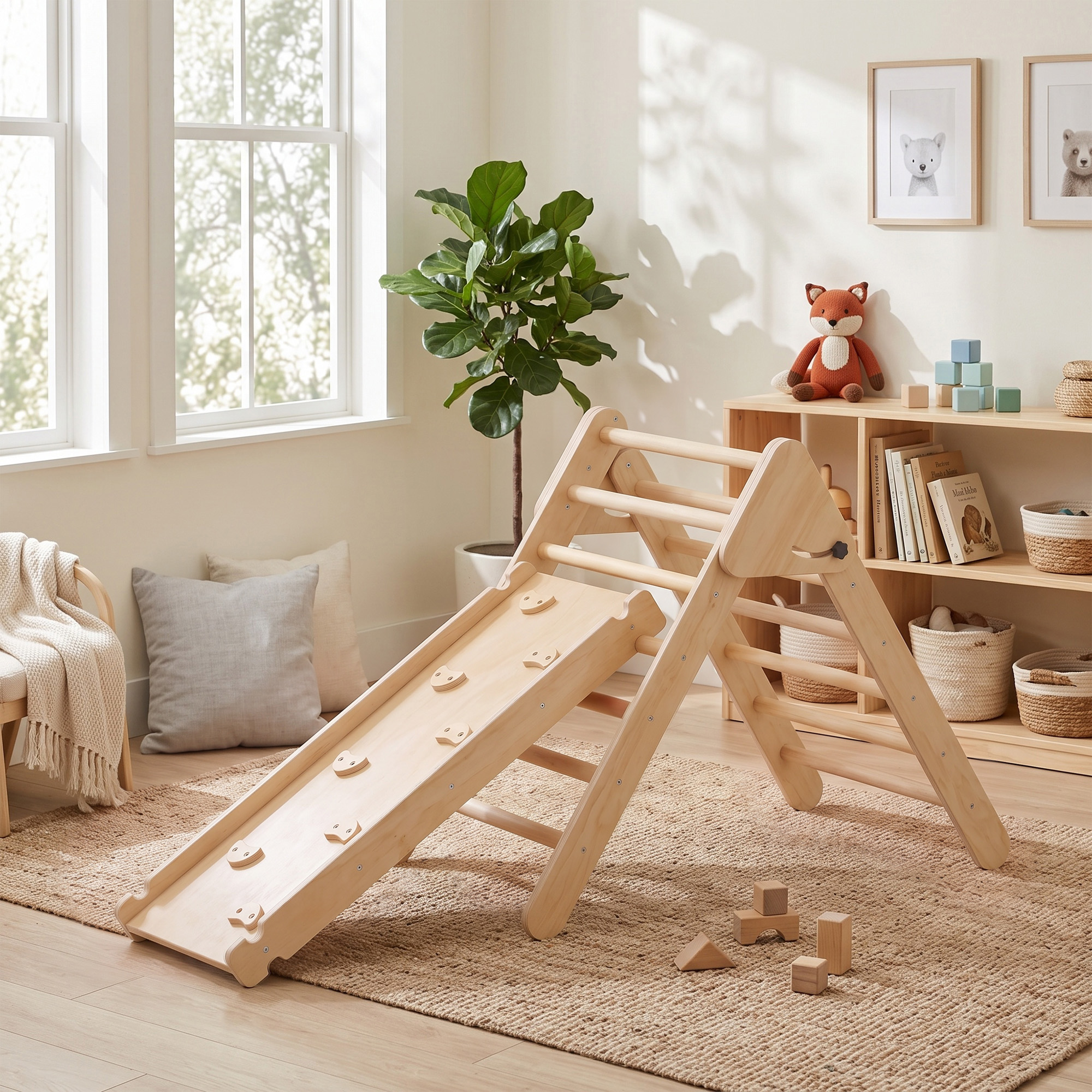 Un triángulo de escalada de madera con tobogán sobre una alfombra en una habitación infantil.