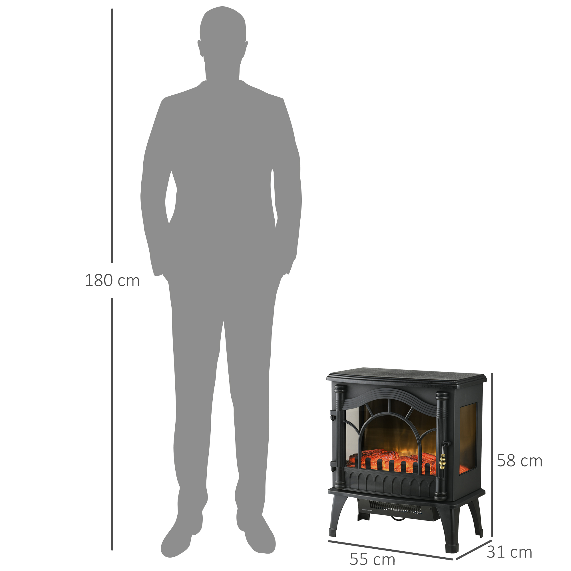 Diagrama de dimensiones con la silueta de una persona de 180 cm junto a una chimenea eléctrica de 58x55x31 cm.