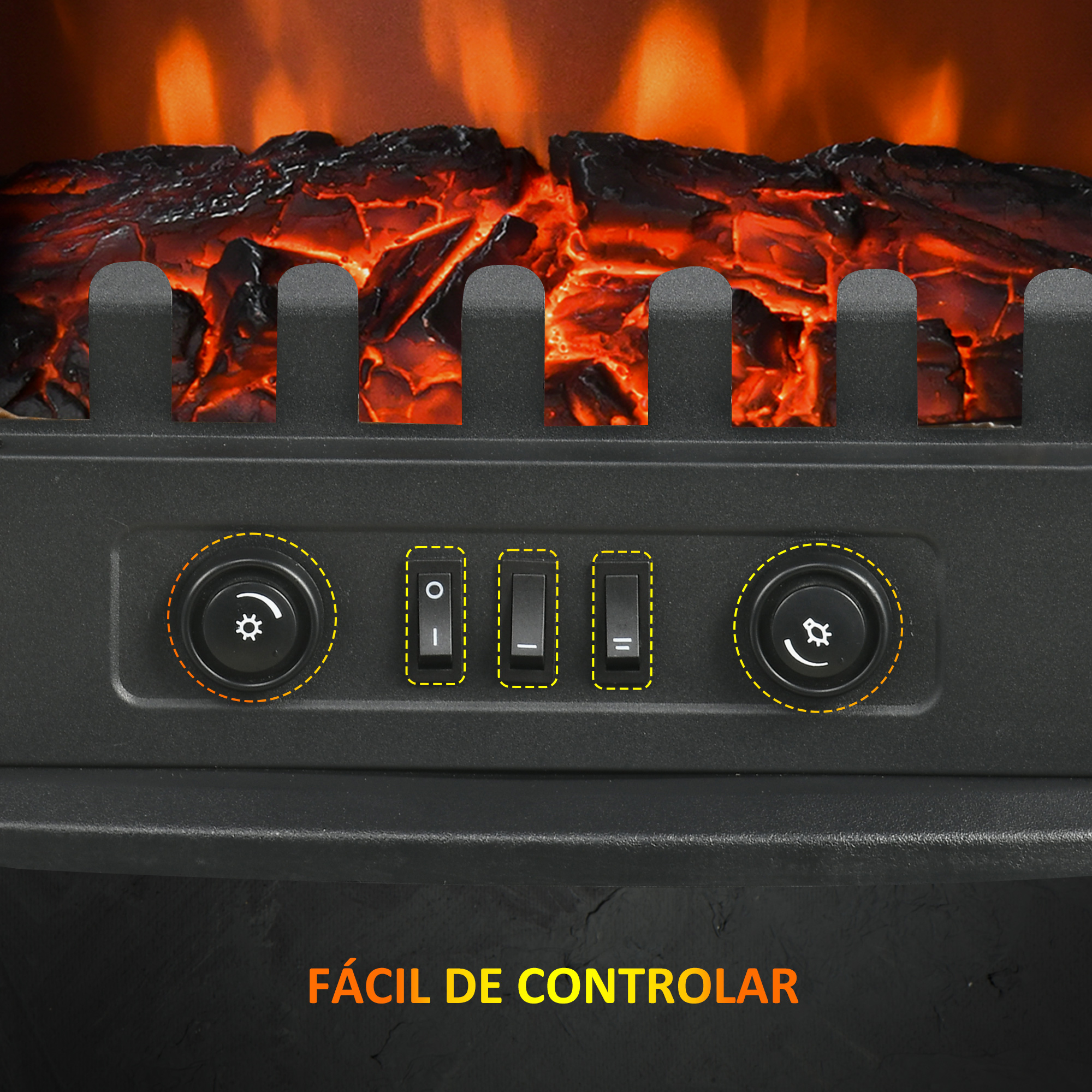 Perillas de control y interruptores frente a un fuego de chimenea falso.