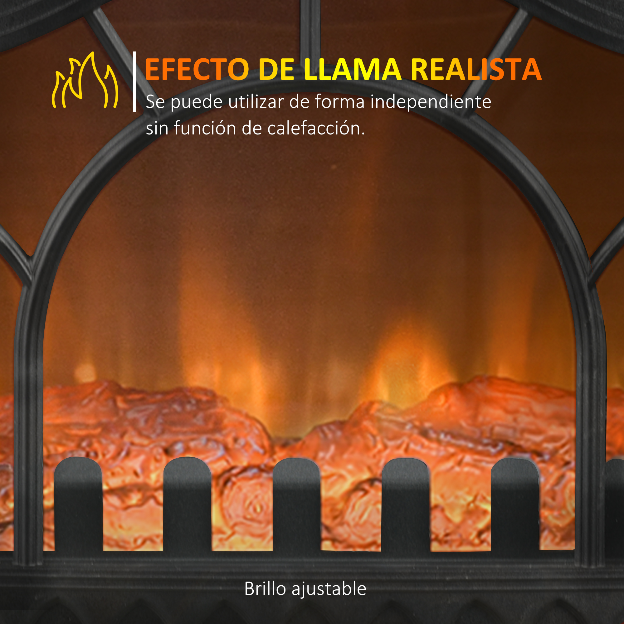 Chimenea eléctrica con efecto de llama realista y brillo ajustable detrás de una rejilla metálica.