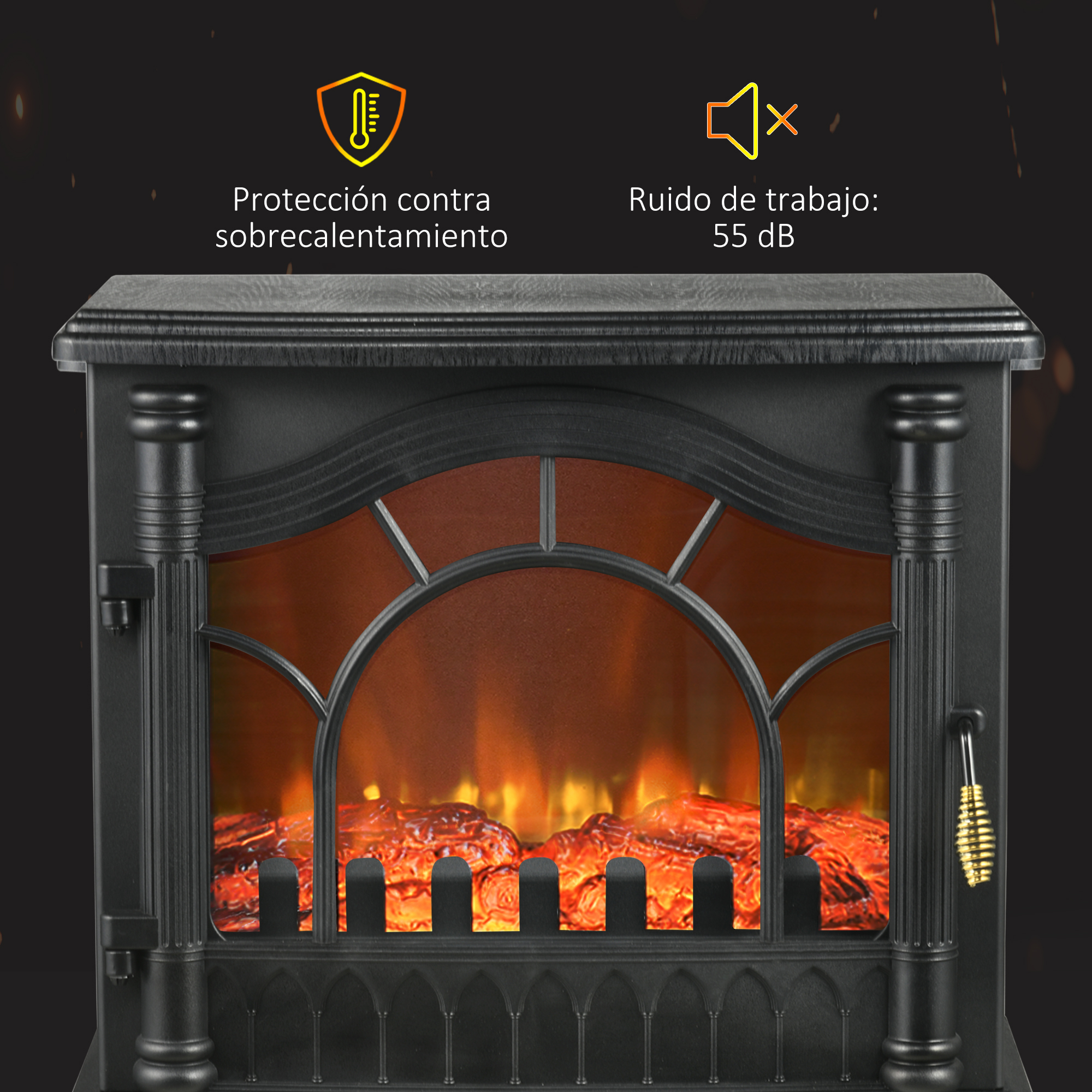 Chimenea eléctrica negra con efecto de llama, protección contra sobrecalentamiento y funcionamiento silencioso de 55 dB.