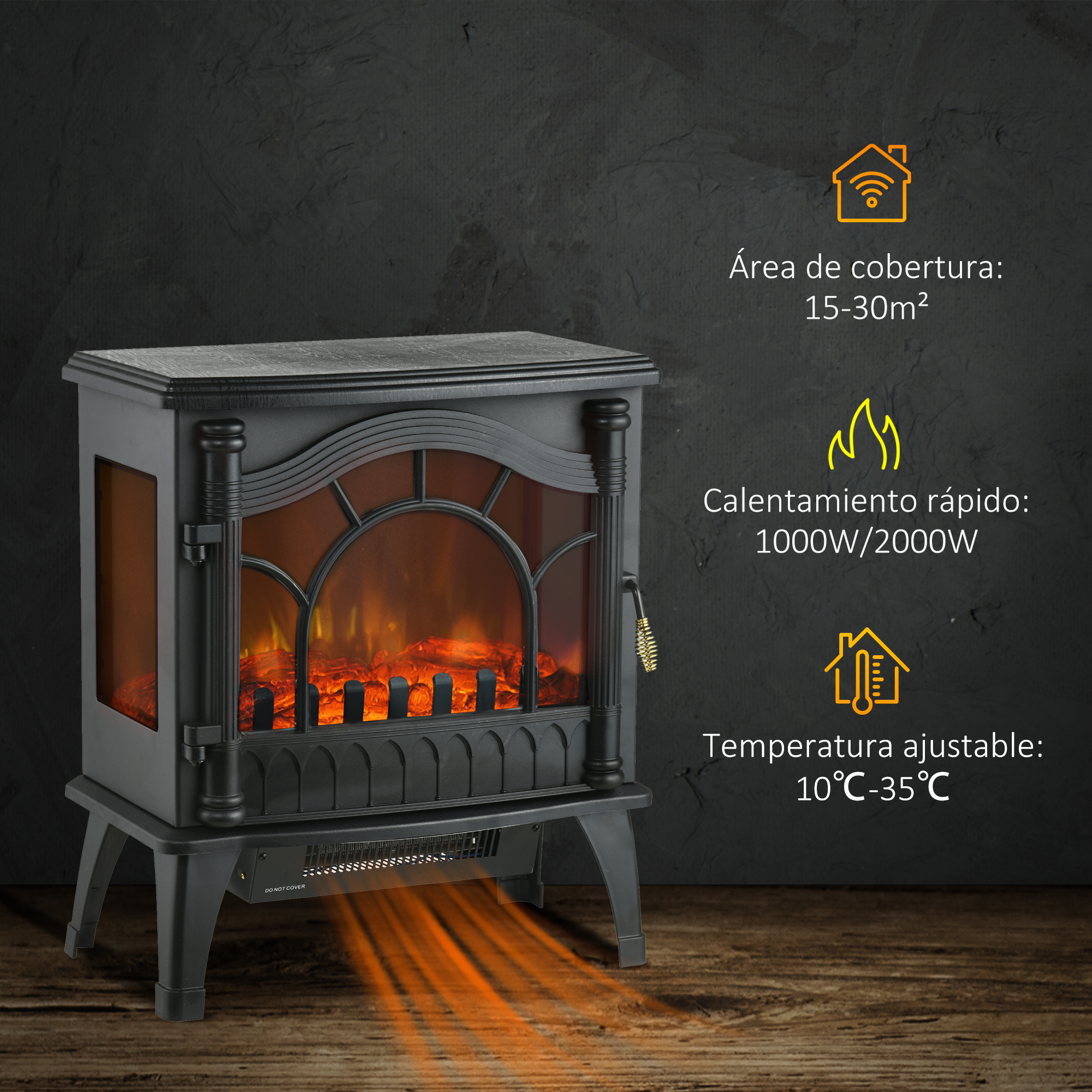 Chimenea eléctrica negra con efecto de llama y rayos calefactores sobre suelo de madera.