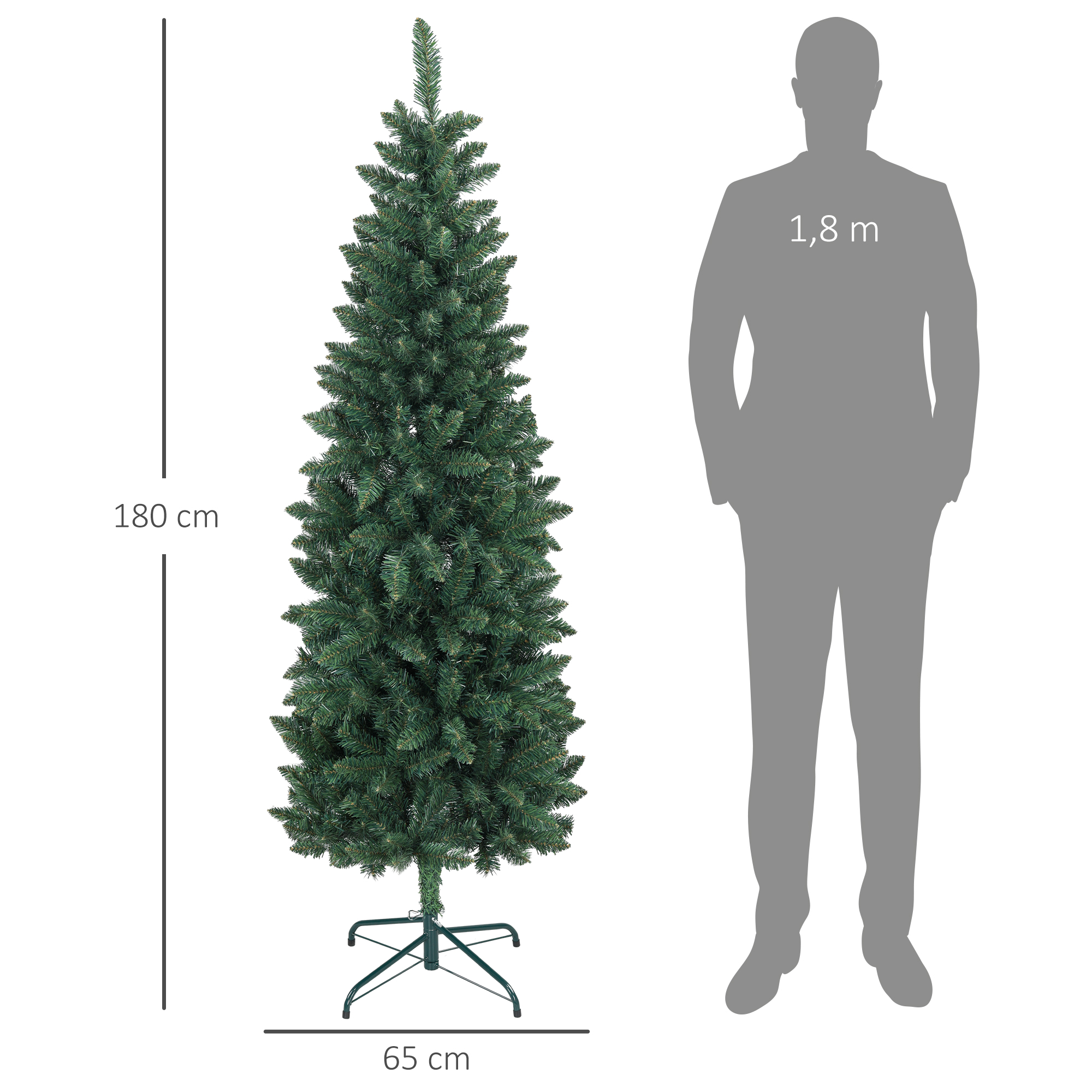 Un árbol de Navidad artificial verde de 180 cm de alto y 65 cm de ancho, junto a la silueta de una persona.
