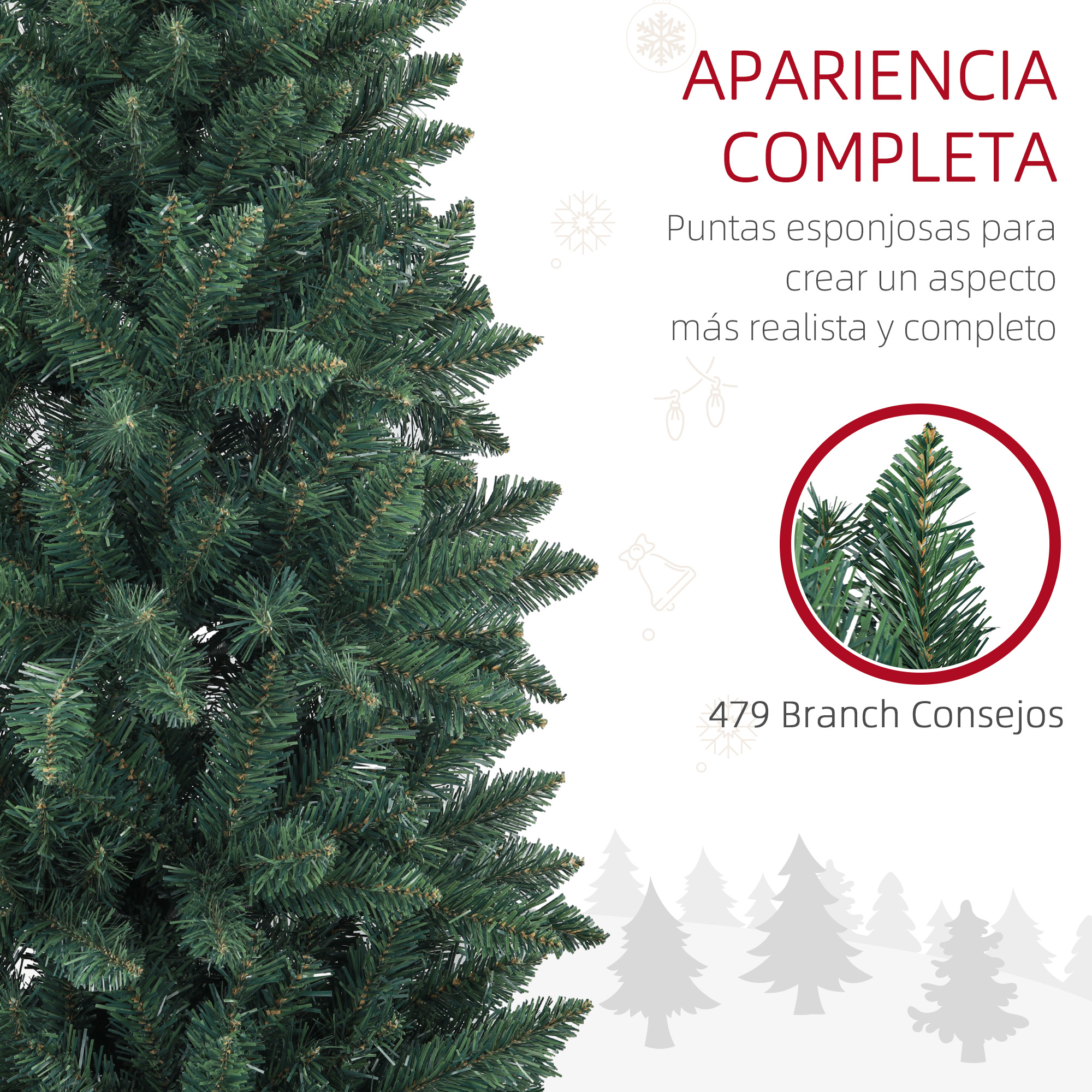 Árbol de navidad artificial verde con ramas tupidas y textos en español.