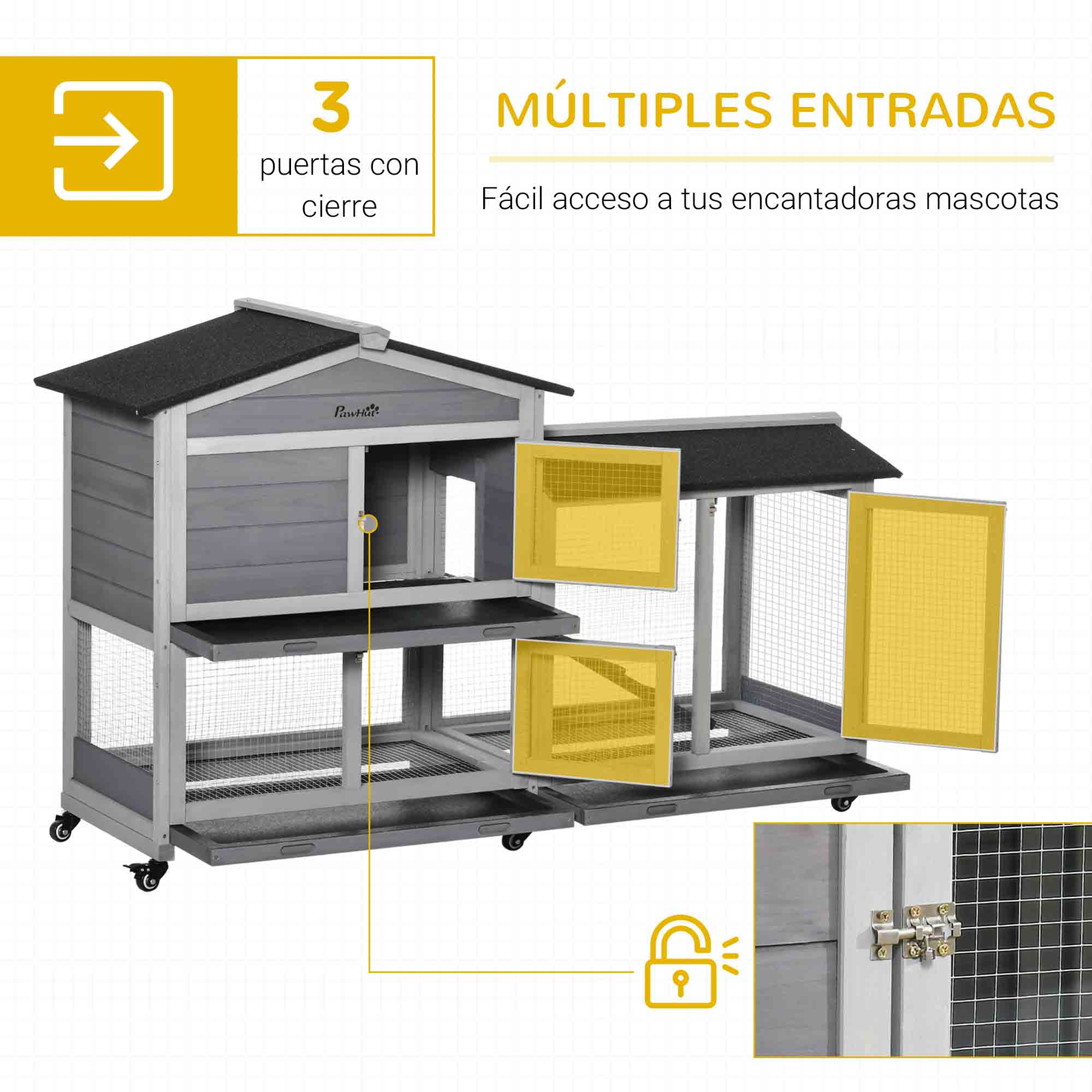 Conejera de dos niveles gris y blanca con ruedas, tres puertas con cerradura y malla de alambre.