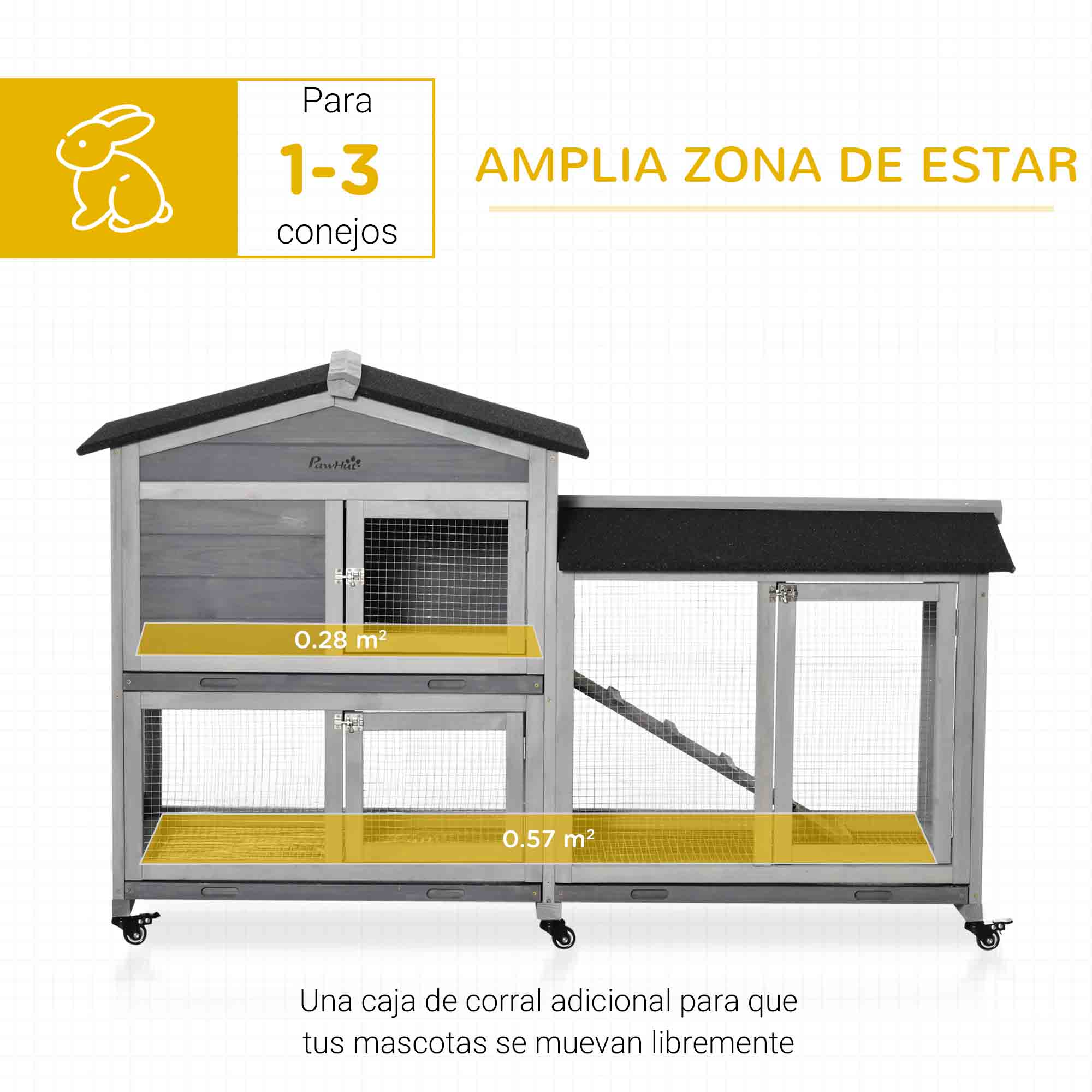 Conejera de madera gris con ruedas que incluye una zona de estar de dos pisos y un corral adjunto.