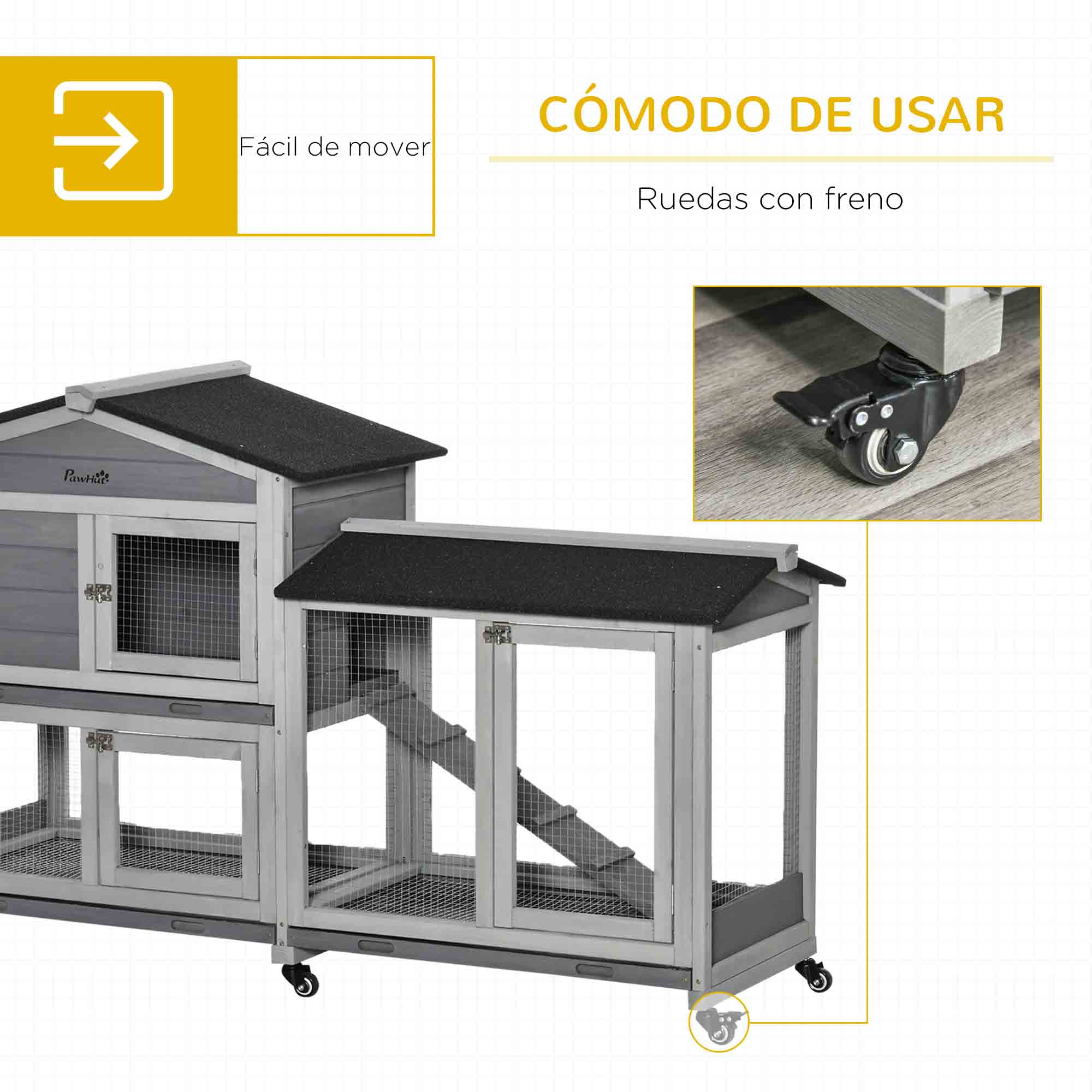 Jaula de madera gris para mascotas con ruedas y rampa, con detalle de rueda con freno.