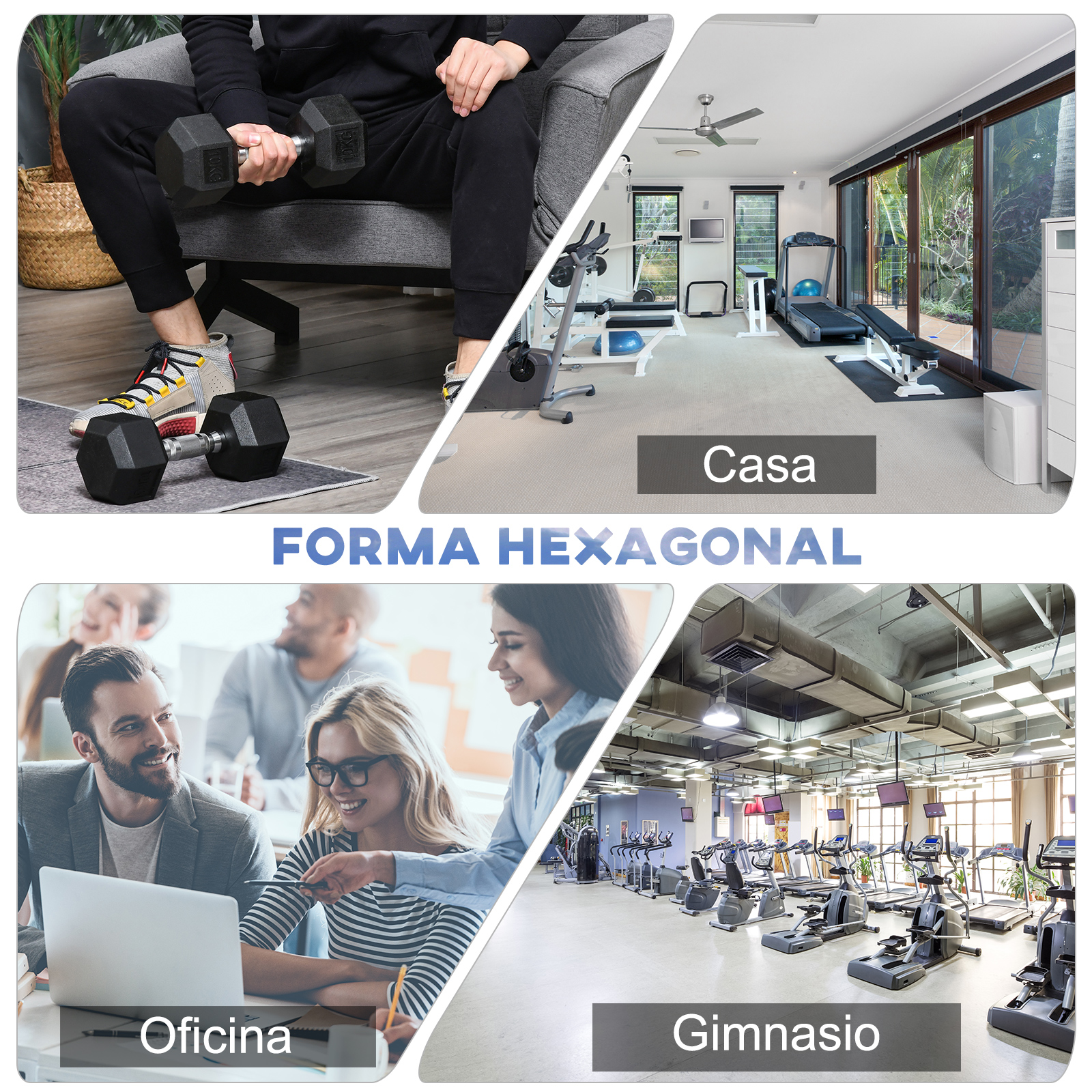 Collage de mancuernas hexagonales, un gimnasio en casa, una oficina y un gimnasio comercial.