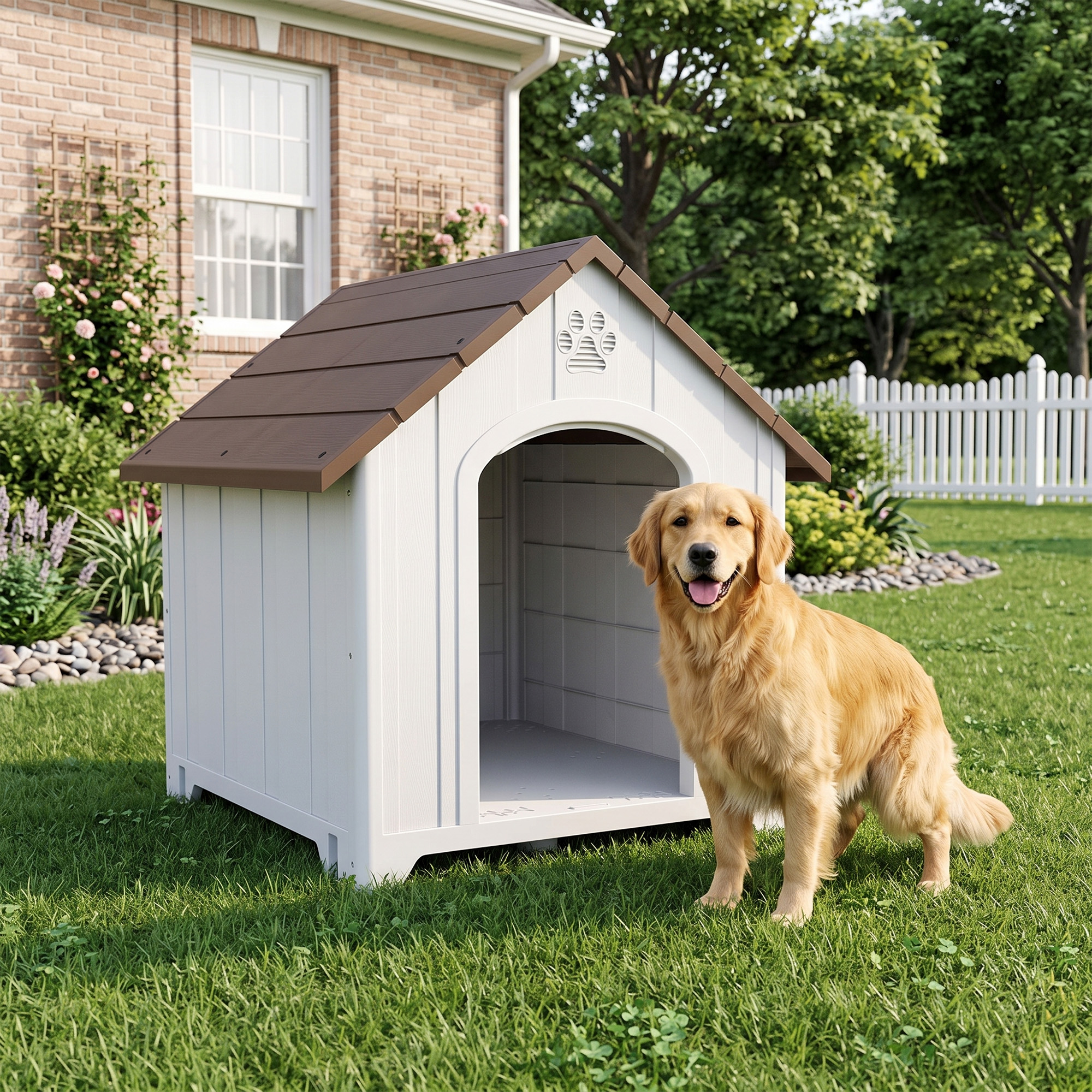 Un golden retriever feliz está en el césped frente a una caseta de perro blanca y marrón en un jardín.