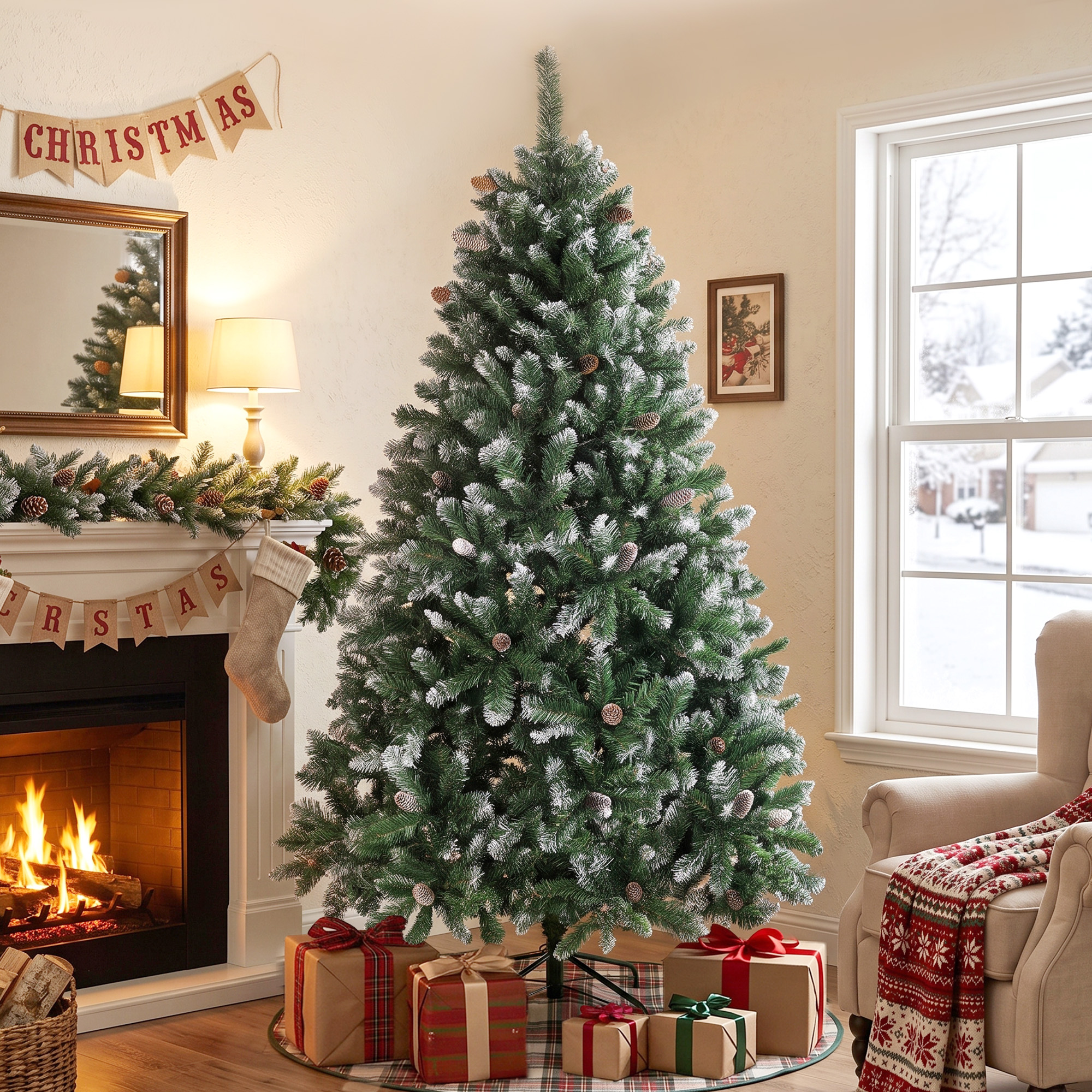 Un árbol de Navidad decorado con nieve, regalos y una chimenea en una sala de estar.