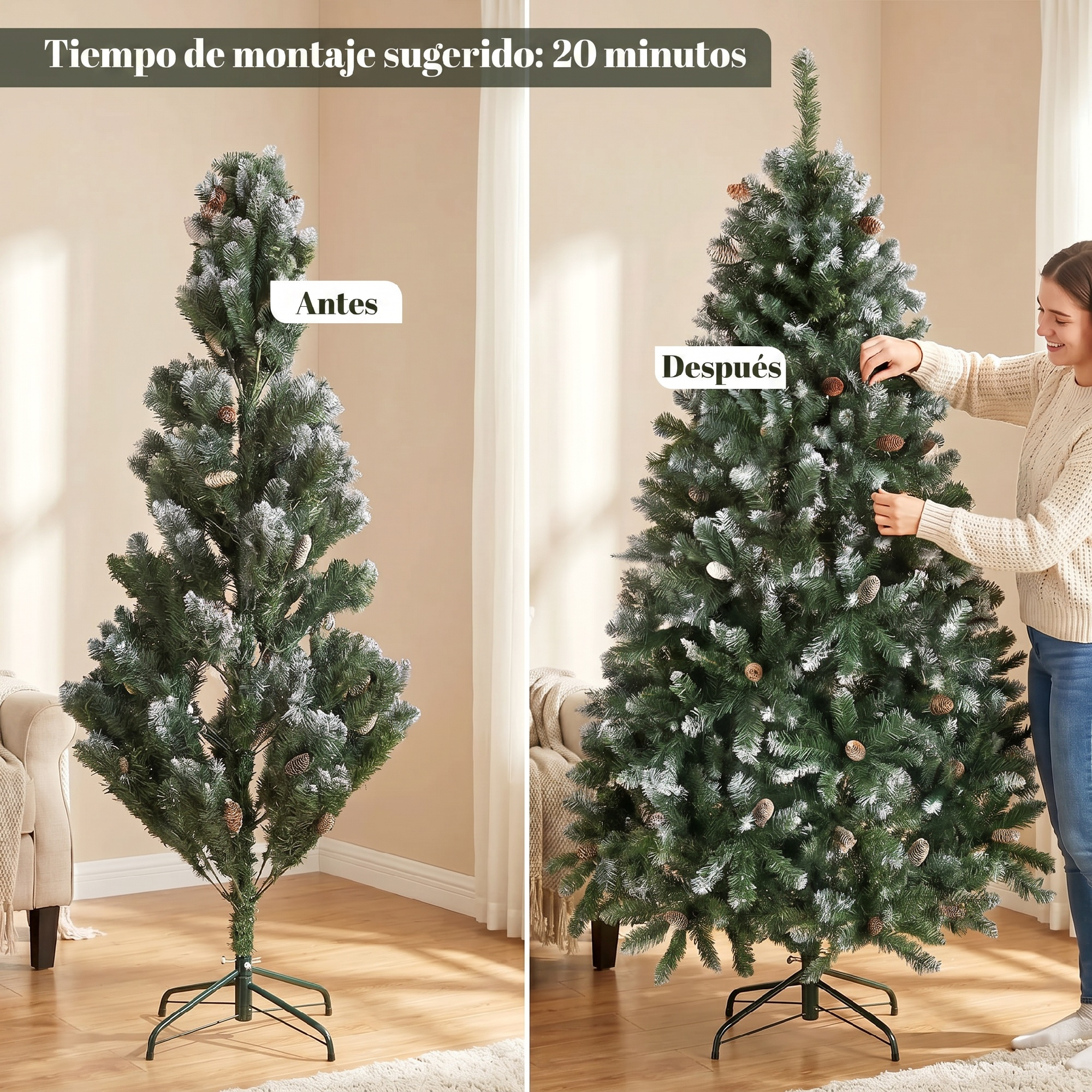 Comparación de antes y después de armar un árbol de navidad artificial con piñas.