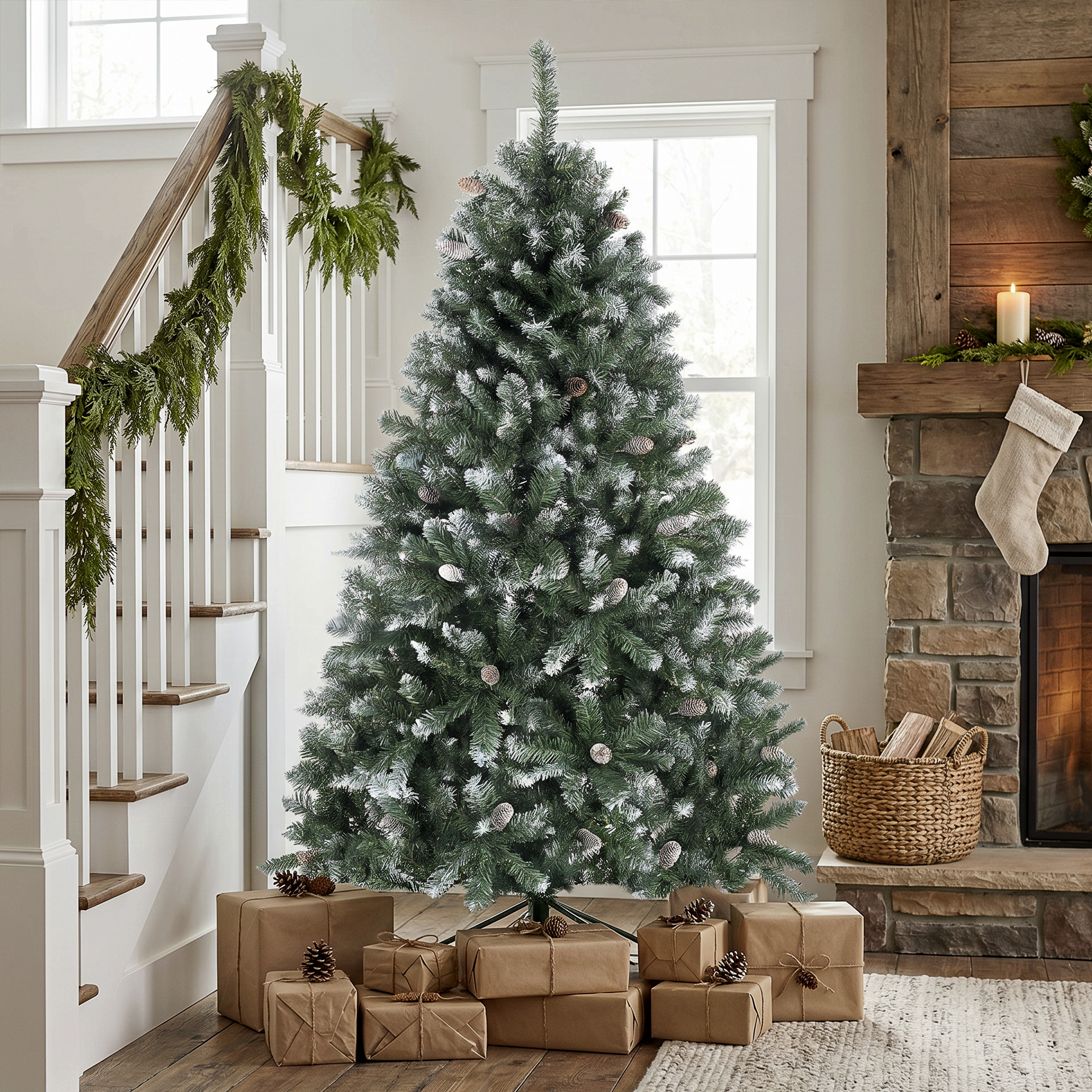 Árbol de Navidad decorado con nieve, piñas y regalos en el interior.