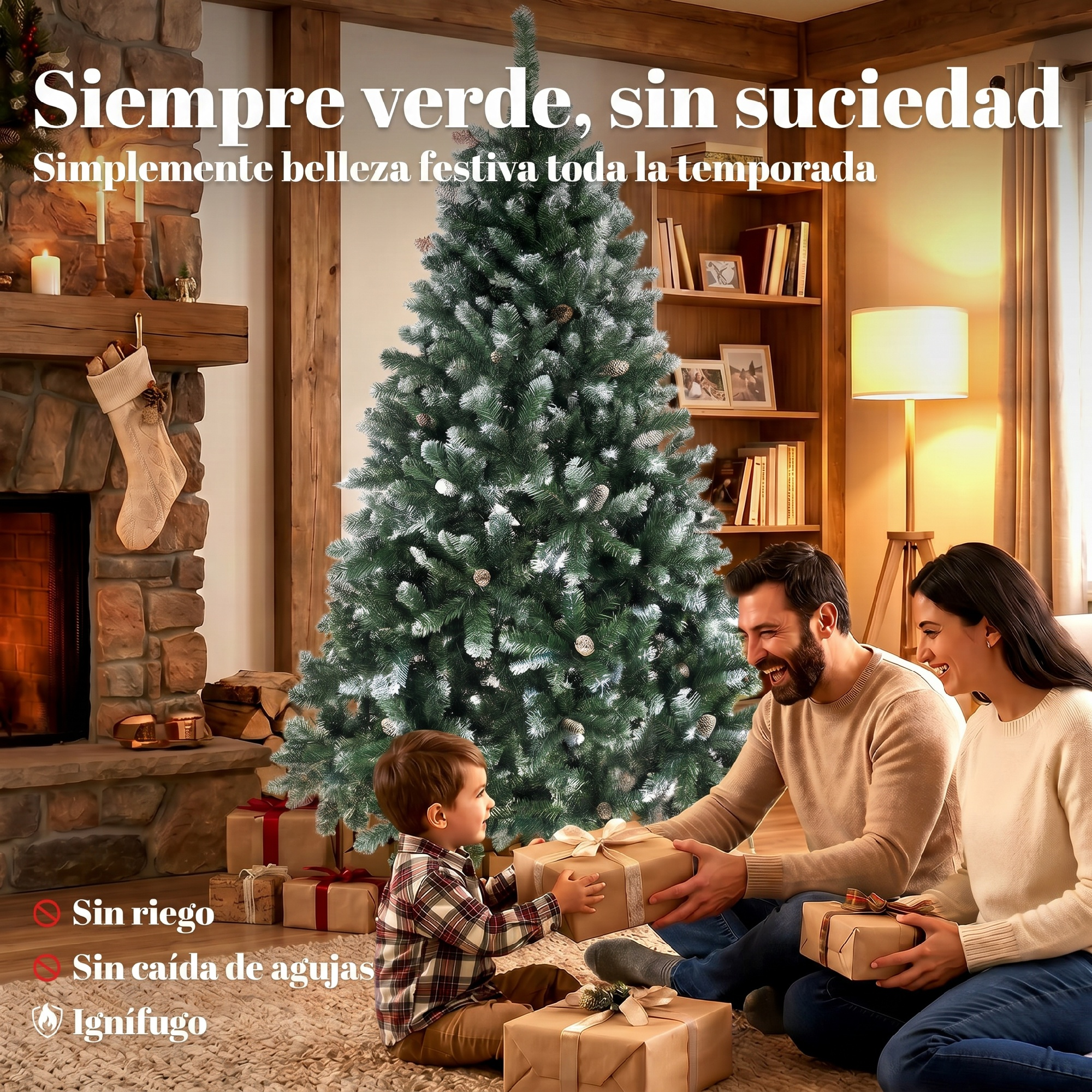 Familia abriendo regalos de Navidad frente a un árbol decorado en una sala de estar.