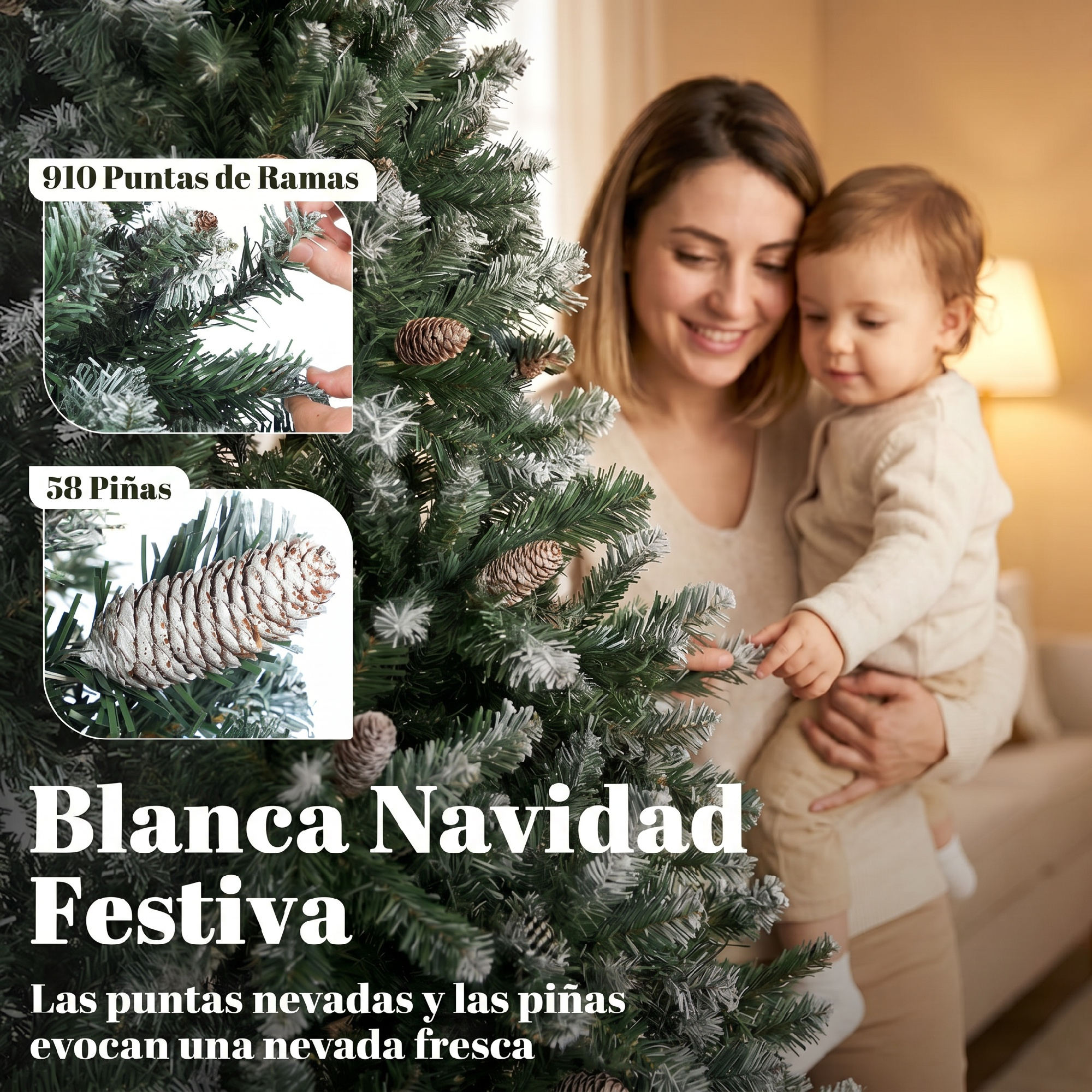 Una mujer sonriente sostiene a un niño pequeño cerca de un árbol de Navidad nevado con piñas.