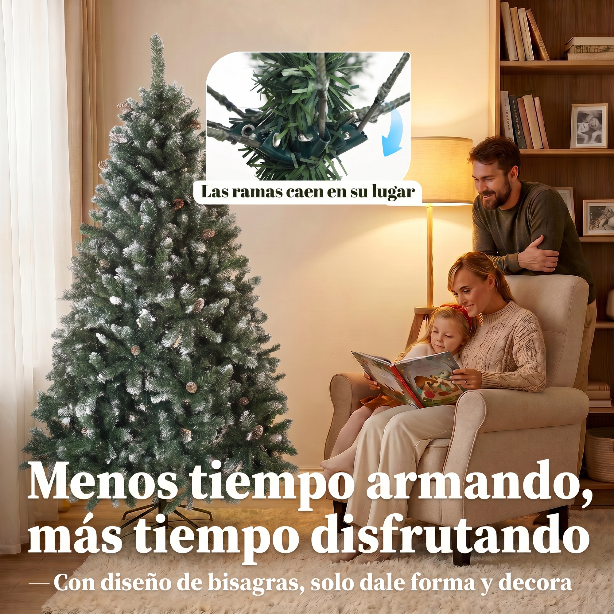 Familia leyendo junta en una sala junto a un gran árbol de Navidad con nieve artificial.