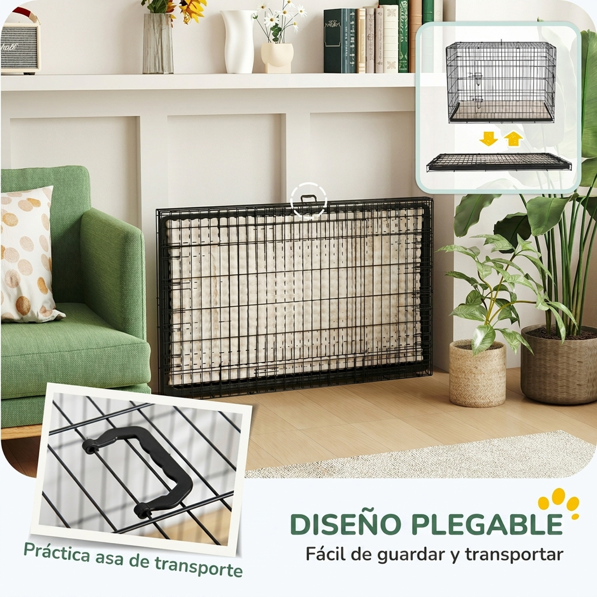Una jaula plegable de metal negro para mascotas en una sala de estar, con imágenes de detalle.