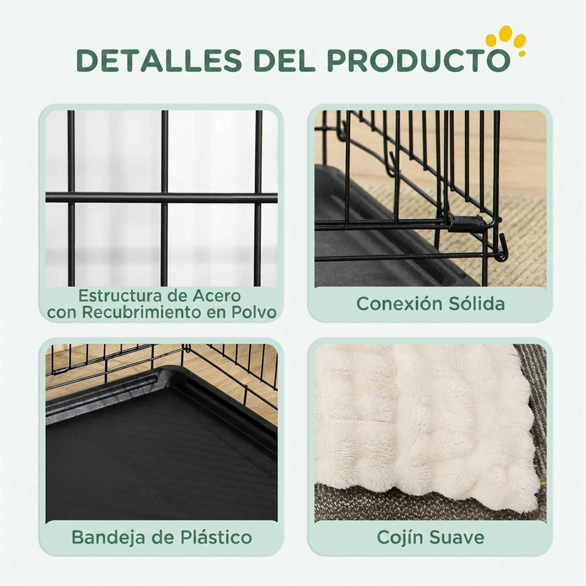 Cuatro imágenes muestran detalles de una jaula para mascotas con estructura de acero, conexión sólida, bandeja y cojín.