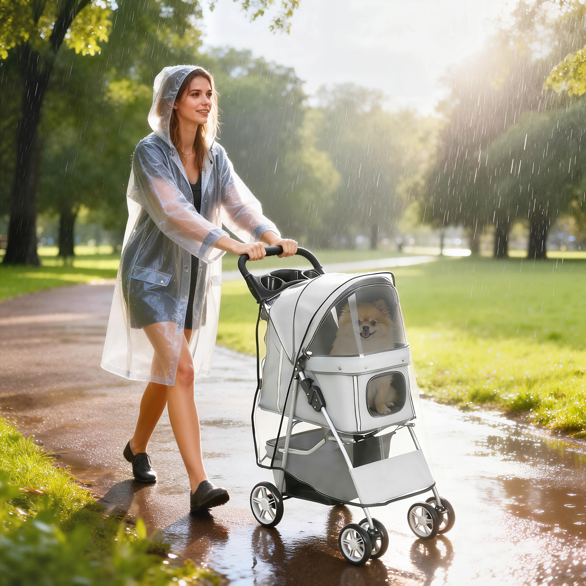 Una donna con impermeabile trasparente spinge un passeggino grigio per animali con un cane sotto la pioggia.