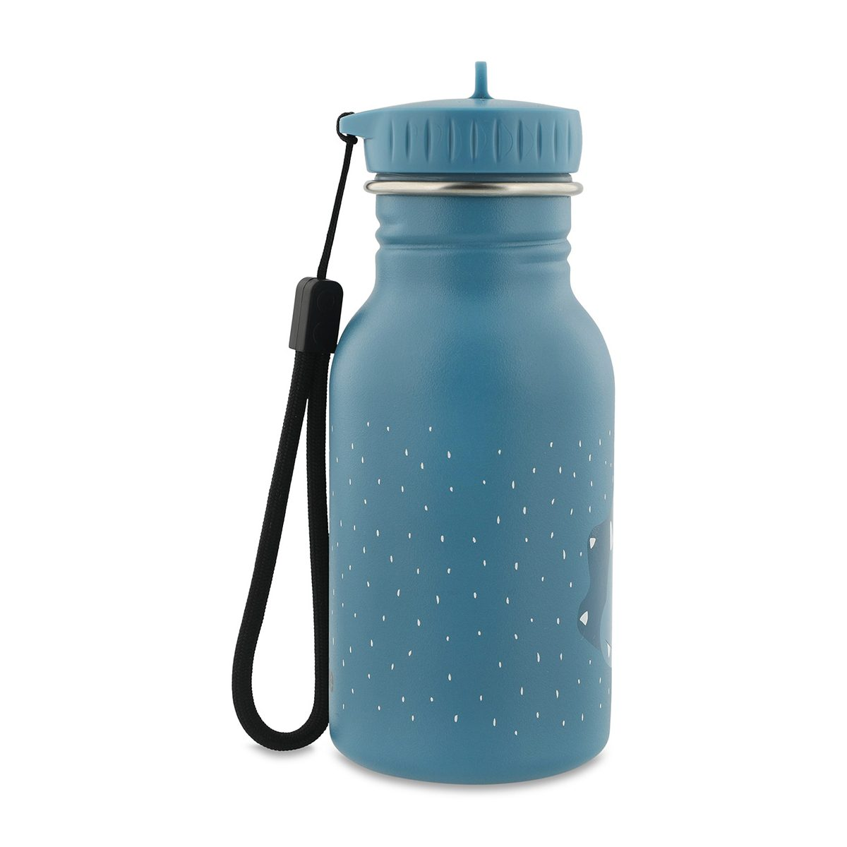 Borraccia in metallo blu con pois bianchi, tappo blu e cinturino nero su sfondo bianco.